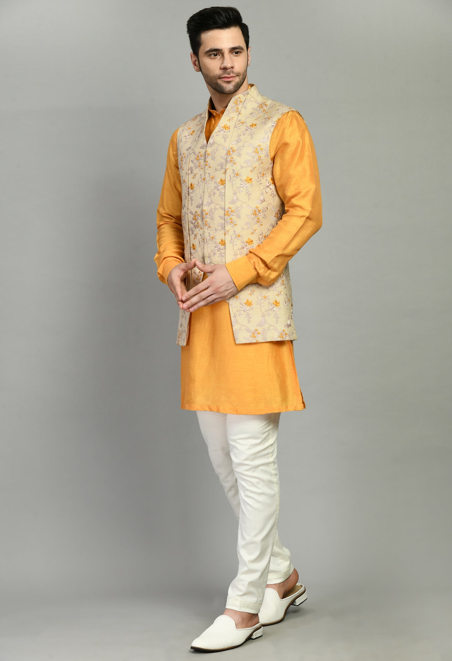 Men’s Nehru Jacket – Silk Moga in Yellow with Silk Thread Floral Embroidery | One Man Show