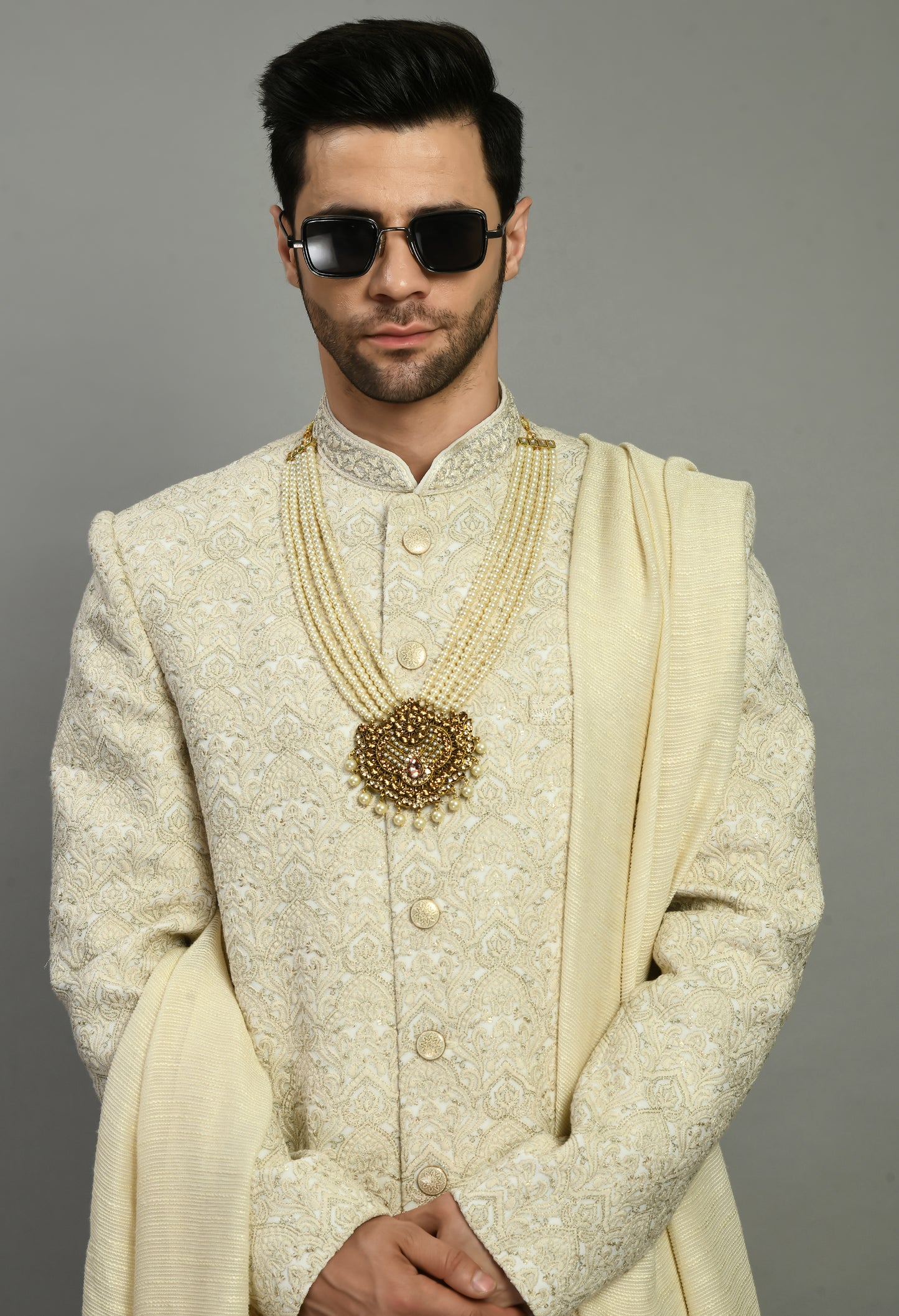 Men’s Sherwani – Silk in Cream with Detailed Hand Embroidery Allover | One Man Show