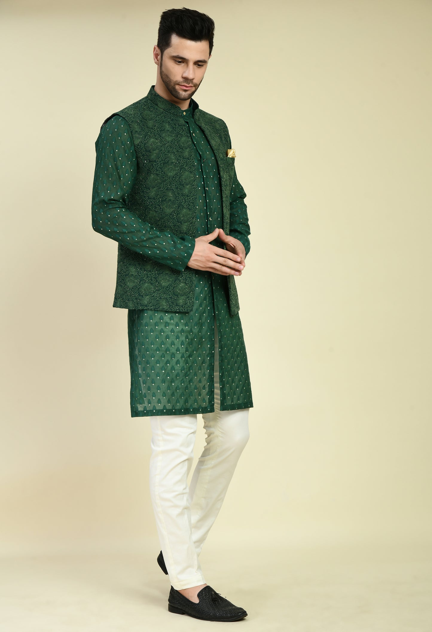 Men’s Nehru Jacket – Silk Georgette in Green with Dori Thread Embroidery | One Man Show