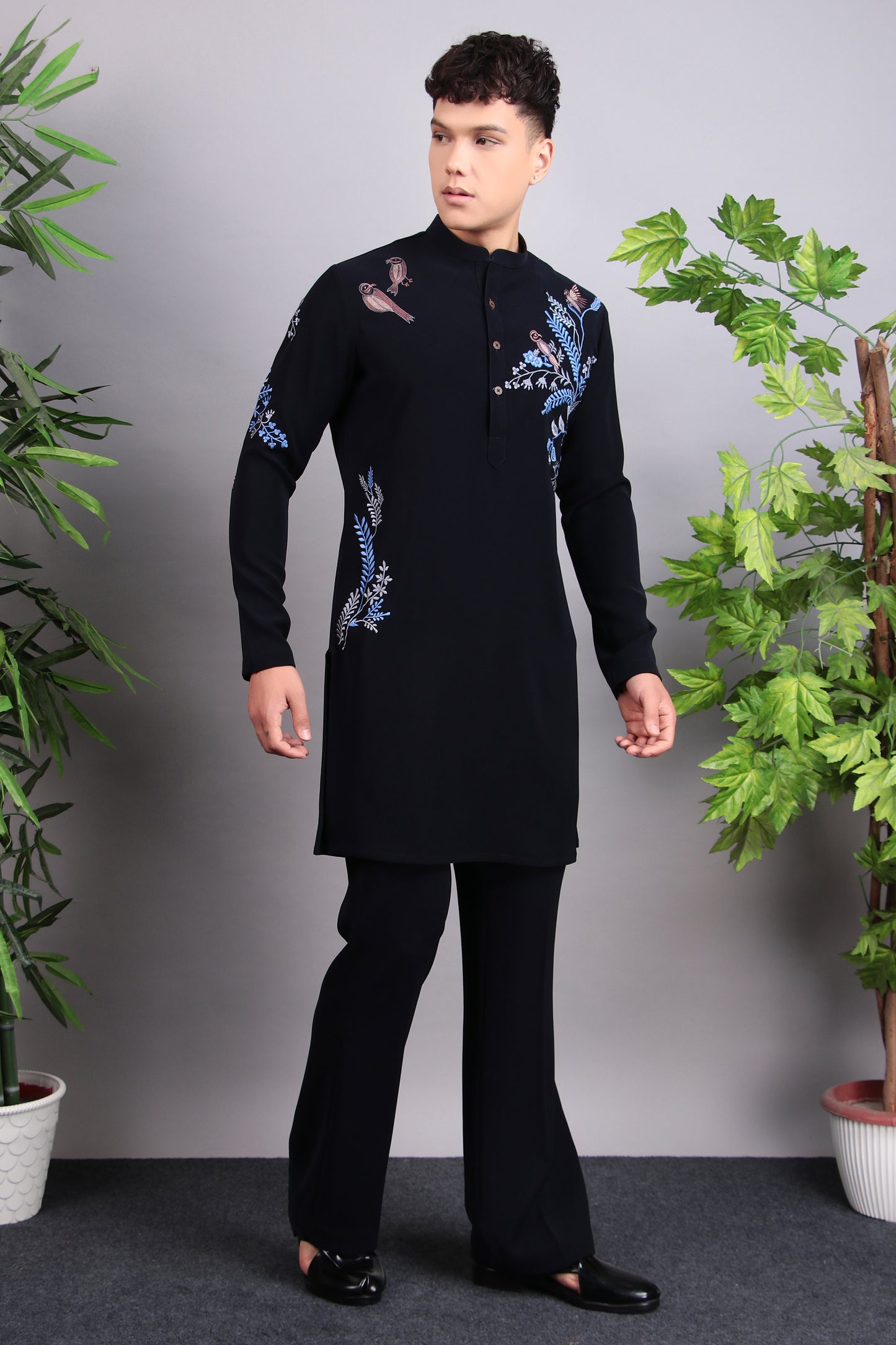 Men’s Kurta Set – Japanese Lycra in Blue with Blue Silk Thread Placement Embroidery | One Man Show