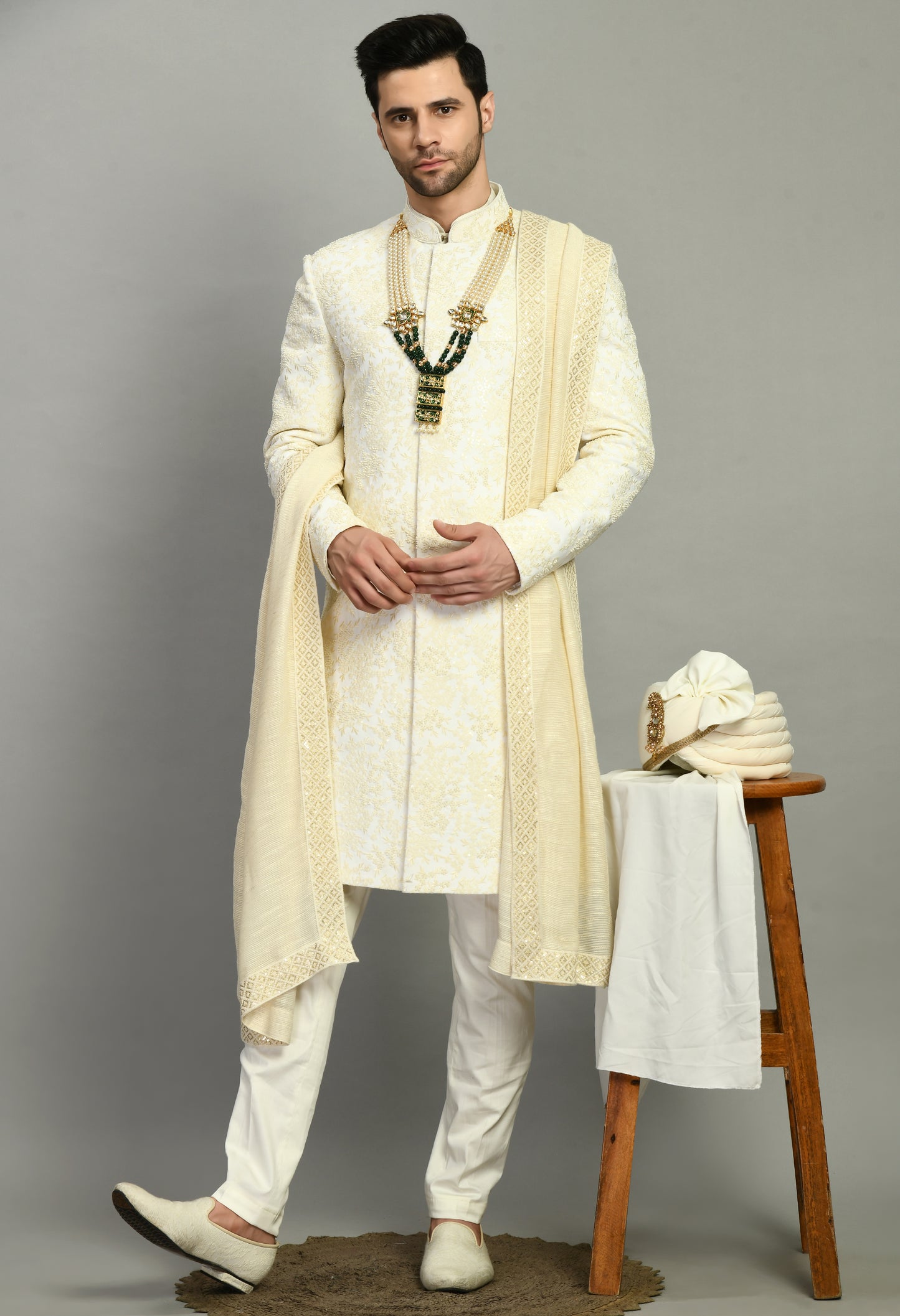 Men’s Sherwani – Silk in Cream with Detailed Hand Embroidery | One Man Show