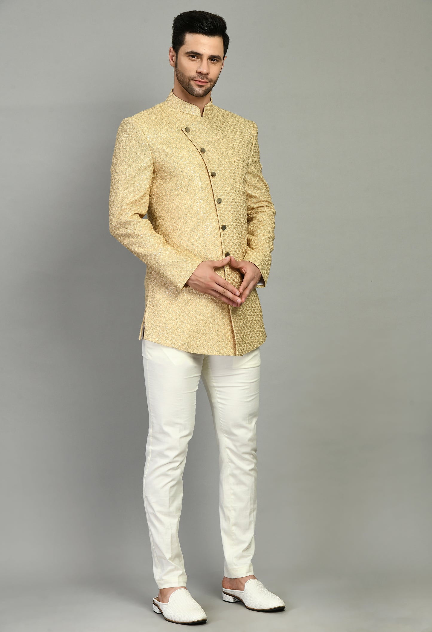 Men’s Indo-Western – Silk Georgette in Beige with Zari Embroidery | One Man Show