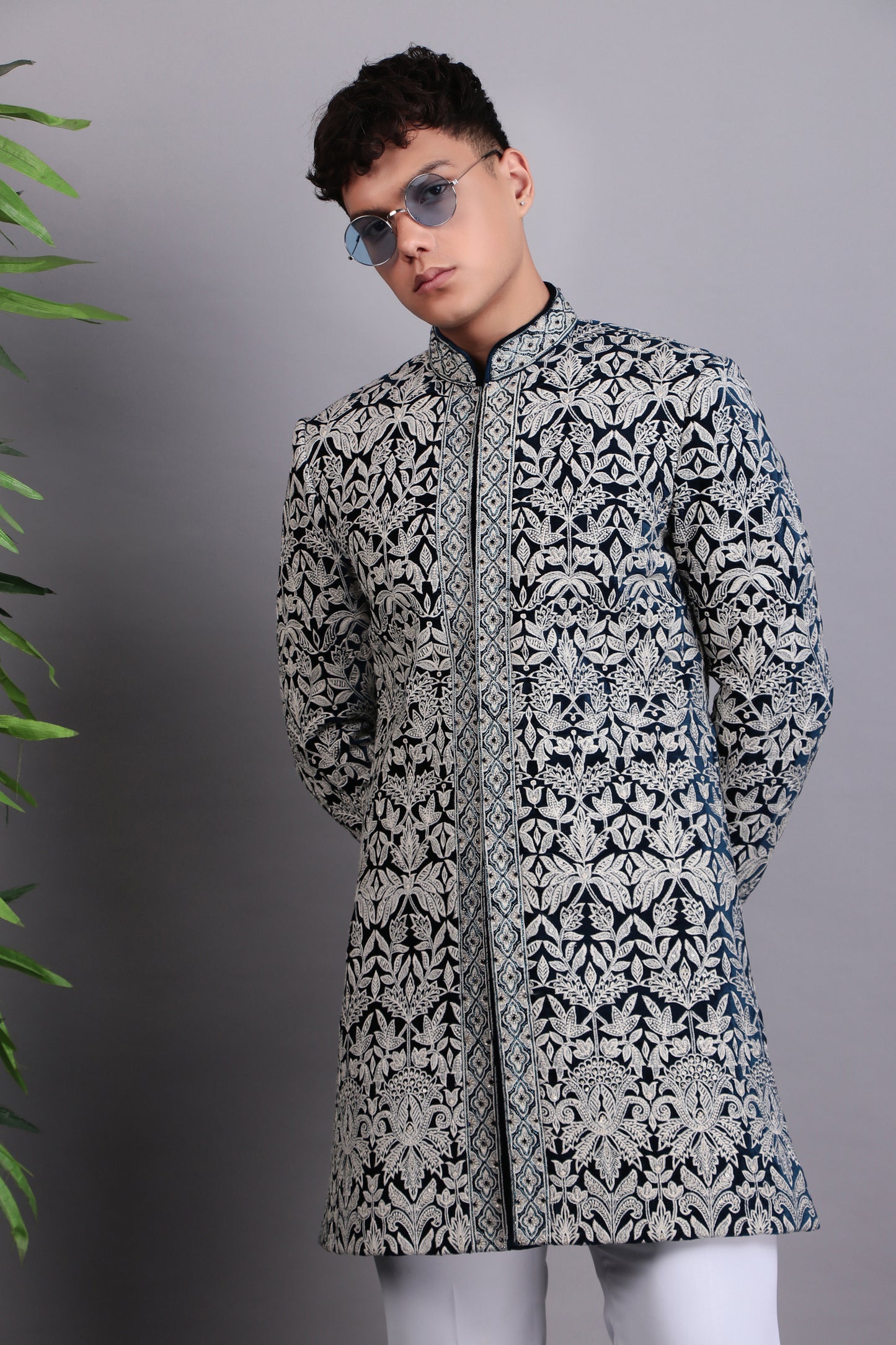 Men’s Indo-Western – Velvet Embroidered Fabric in Blue with Directional Embroidery | One Man Show