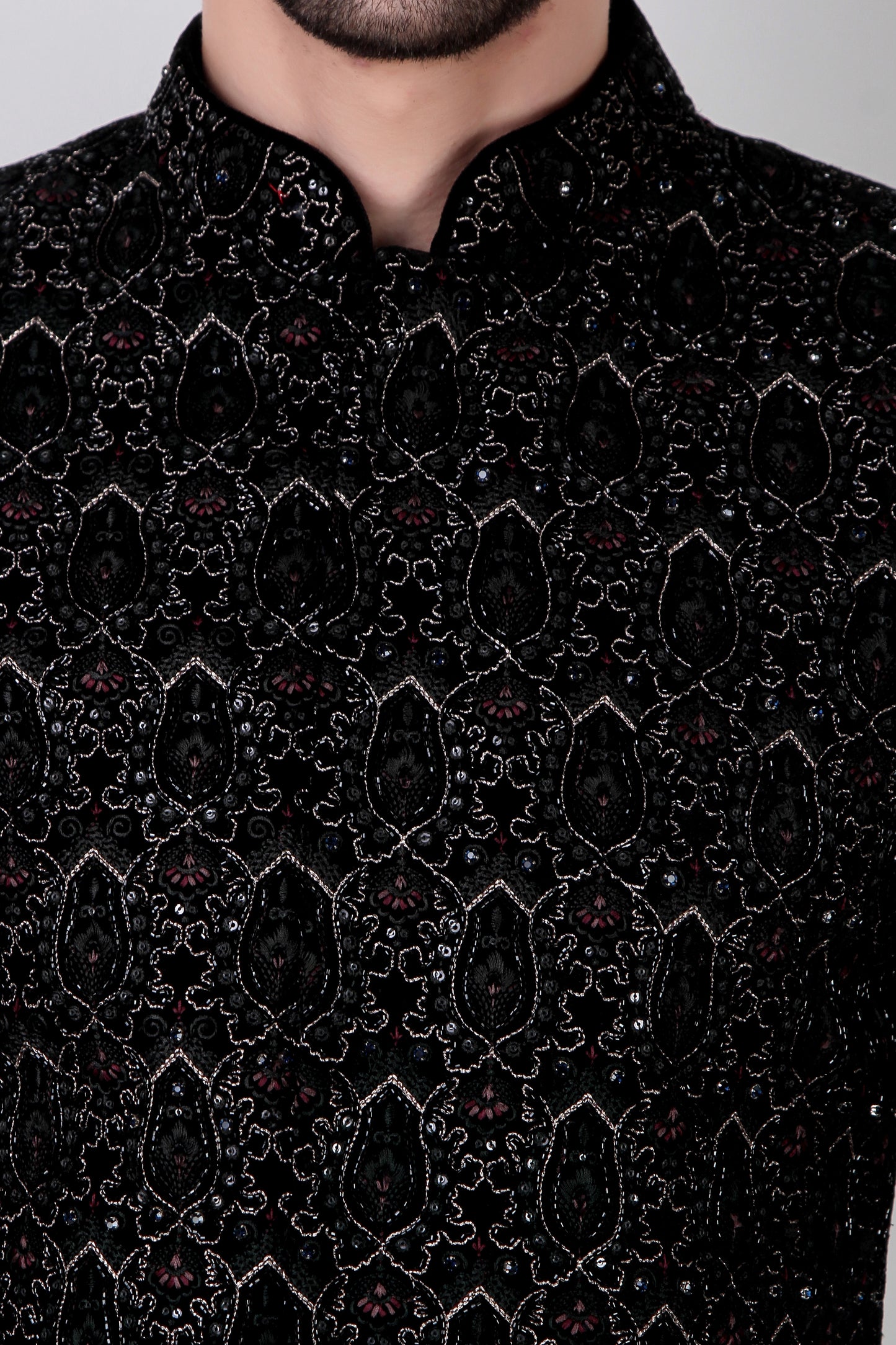 Detail view 3 - Men’s Indo-Western – Velvet in Multi Color with Geometric Silk Thread Embroidery