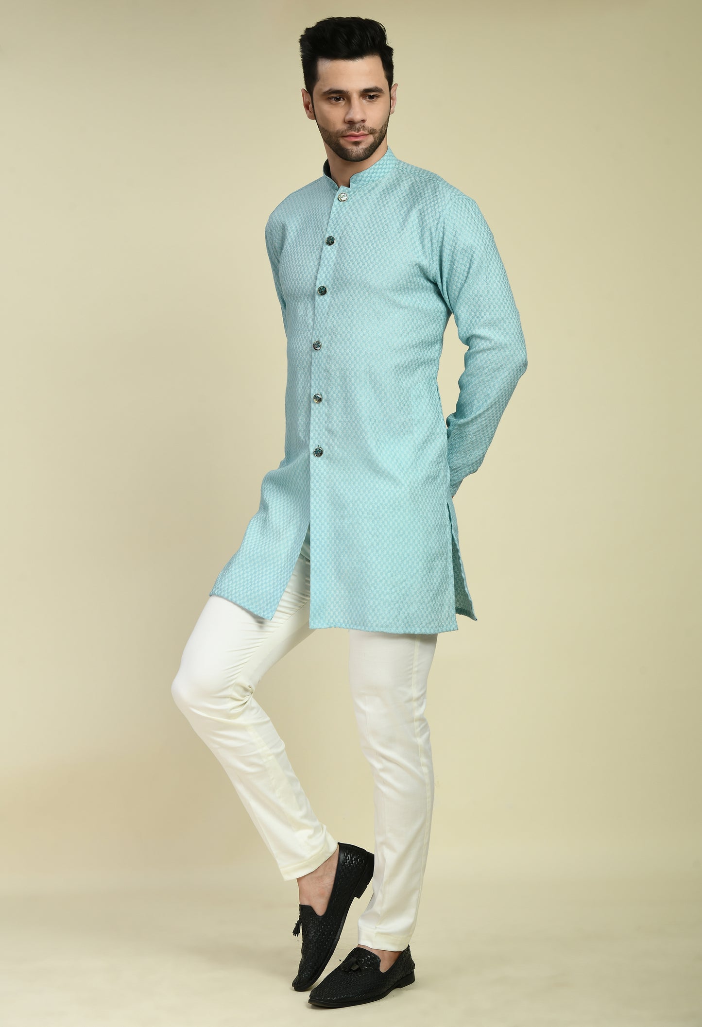 Men’s Indo-Western – Silk Georgette in Blue with Thread Embroidery | One Man Show