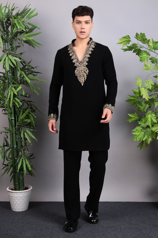 Men’s Kurta Set – Korean Wrinkle-Free in Black with Golden Zari Thread Embroidery | One Man Show