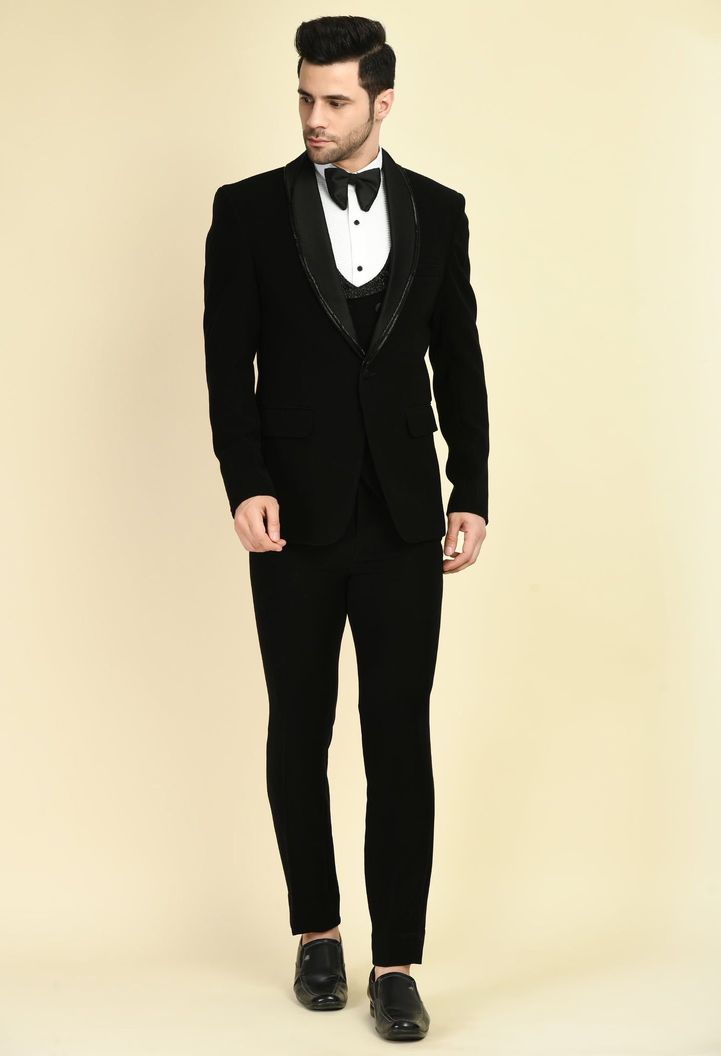 Men’s Tuxedo – Japanese Lycra in Black with Glass Beads Work on Double Lapel Design | One Man Show