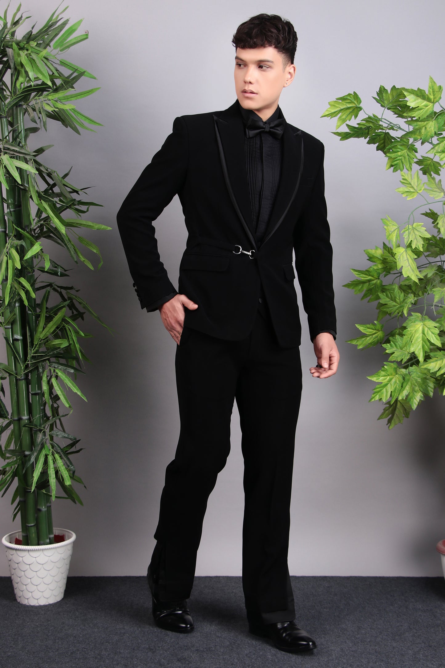 Men’s Tuxedo – Japanese Lycra in Black with Extended Front and Lapel Detailing | One Man Show