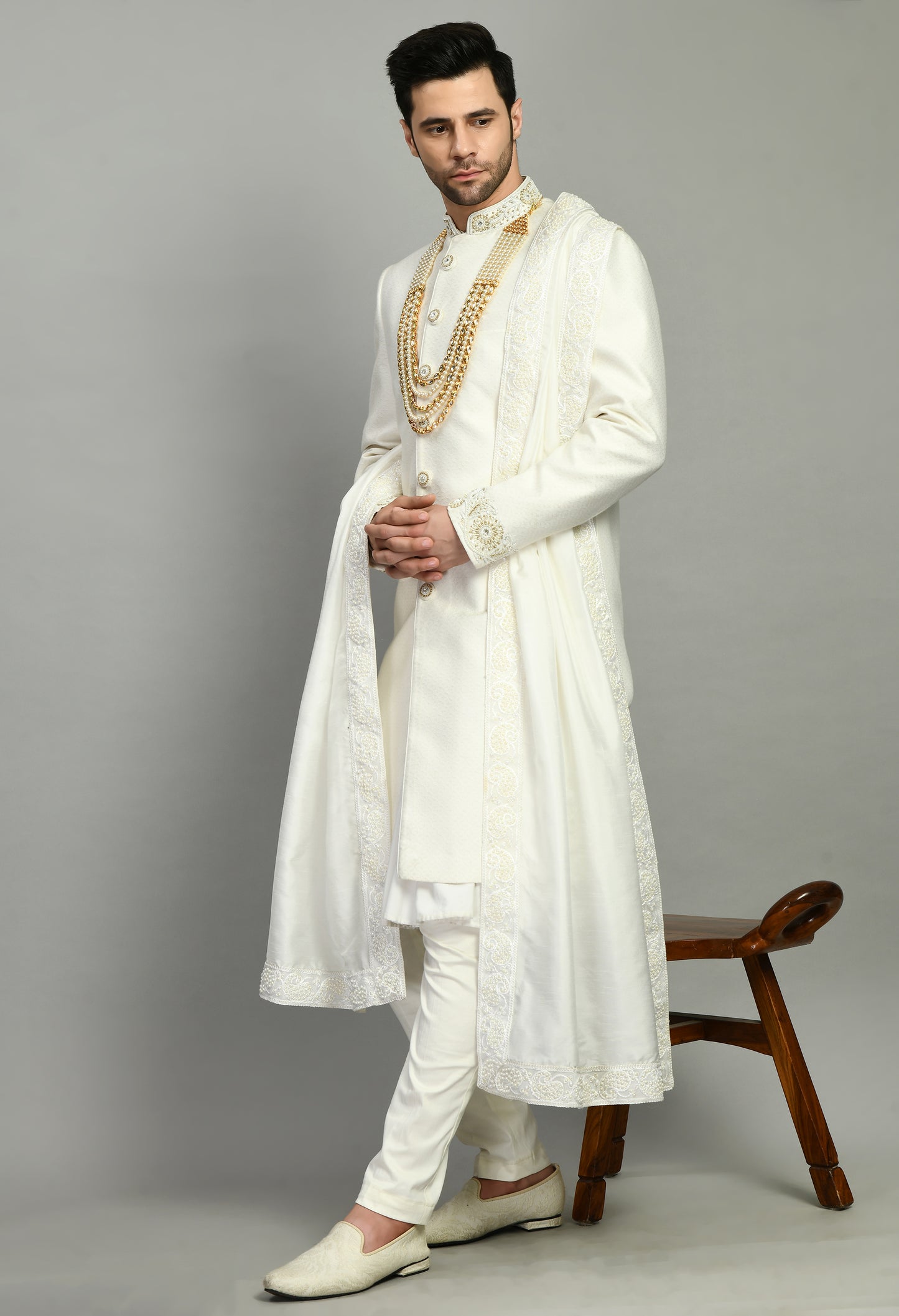 Men’s Sherwani – Silk in Ivory with Detailed Hand Embroidery | One Man Show
