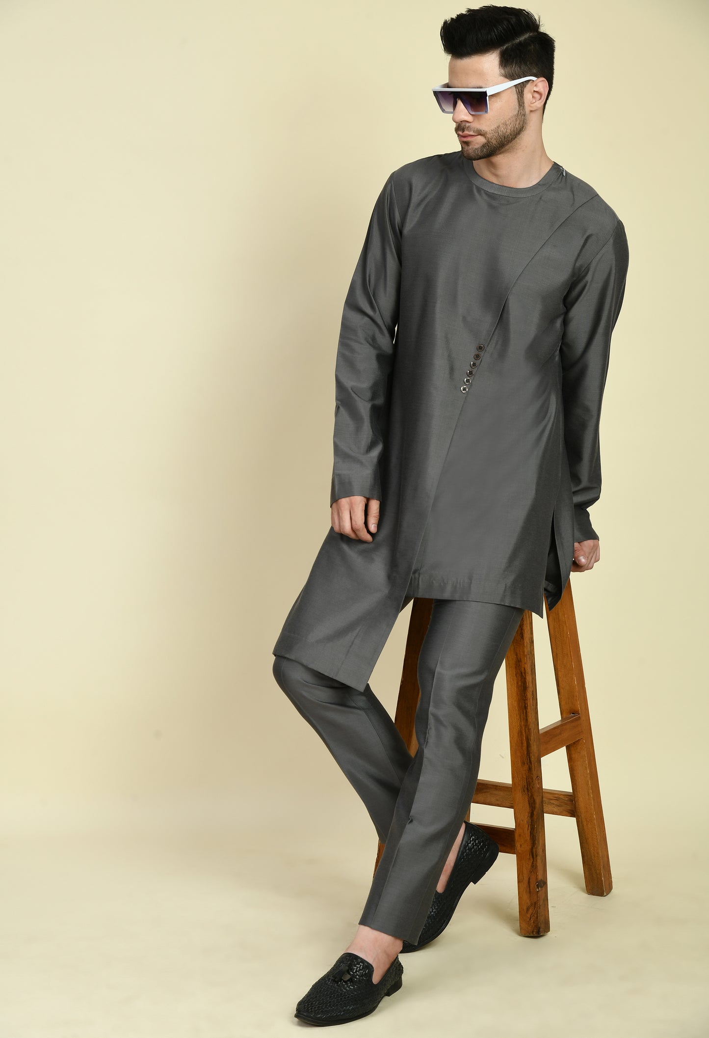 Detail view 3 - Men’s Kurta Set – Cotton Silk in Grey with Assymetric Hem and Front Overlap Design