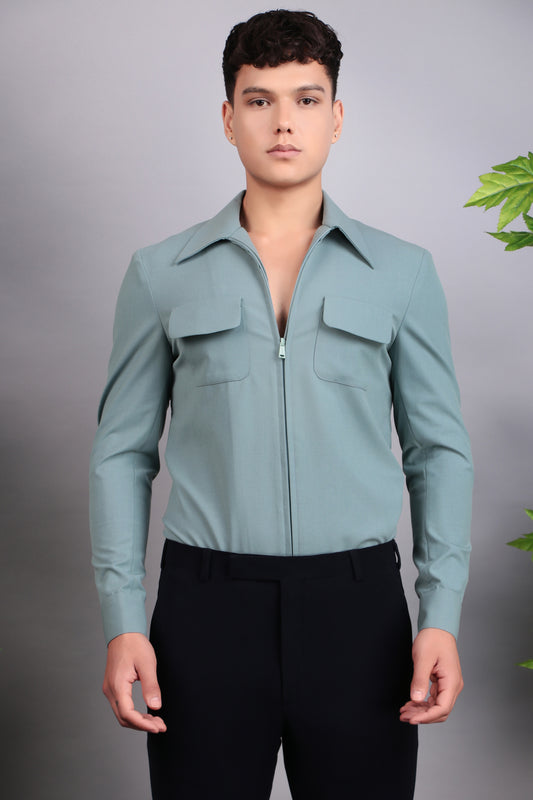 Men’s Suit – Suiting Lycra in Green with Hunter Shirt and Hand Stitchwork | One Man Show