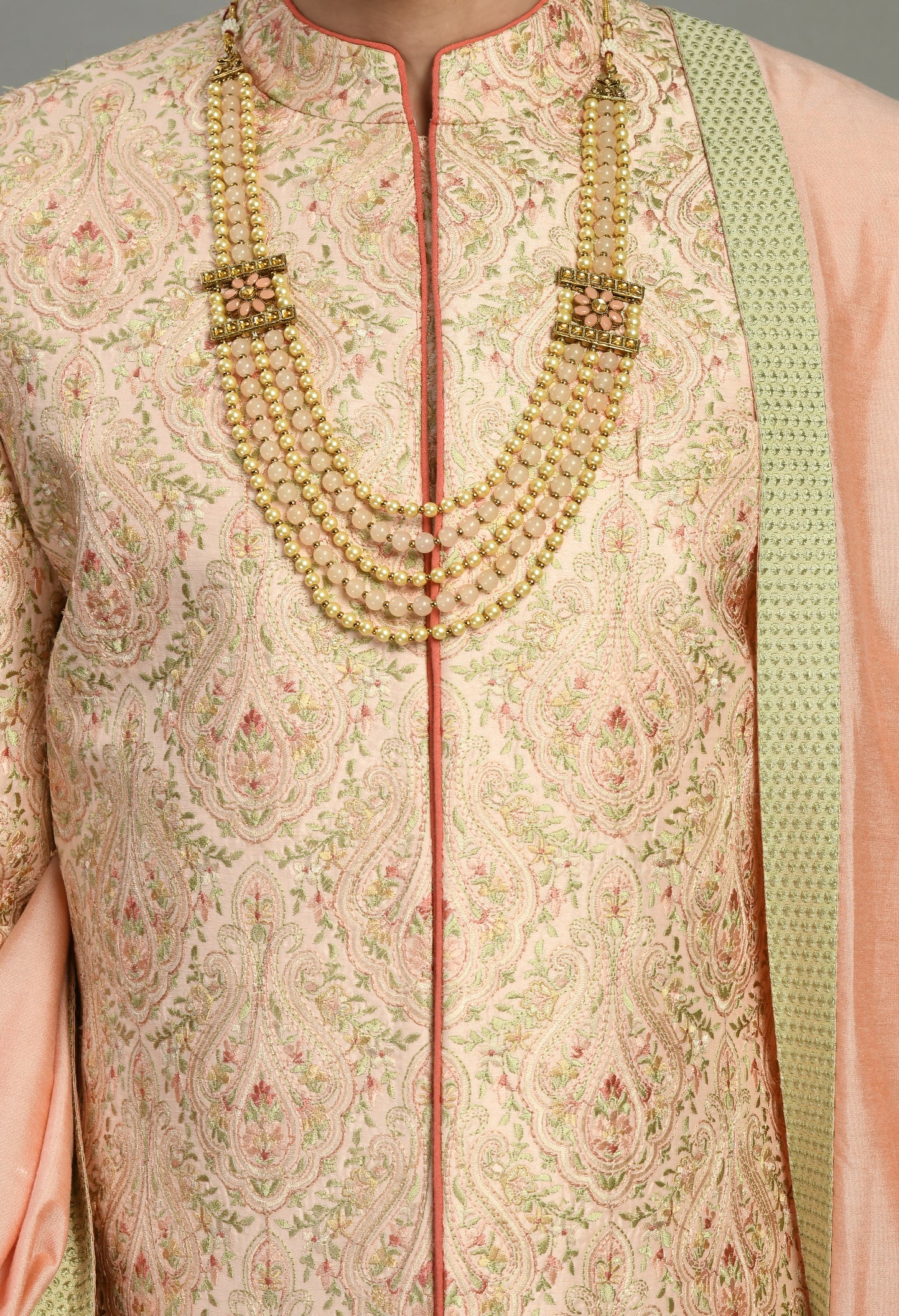 Men’s Sherwani – Silk in Peach with Detailed Hand Embroidery | One Man Show