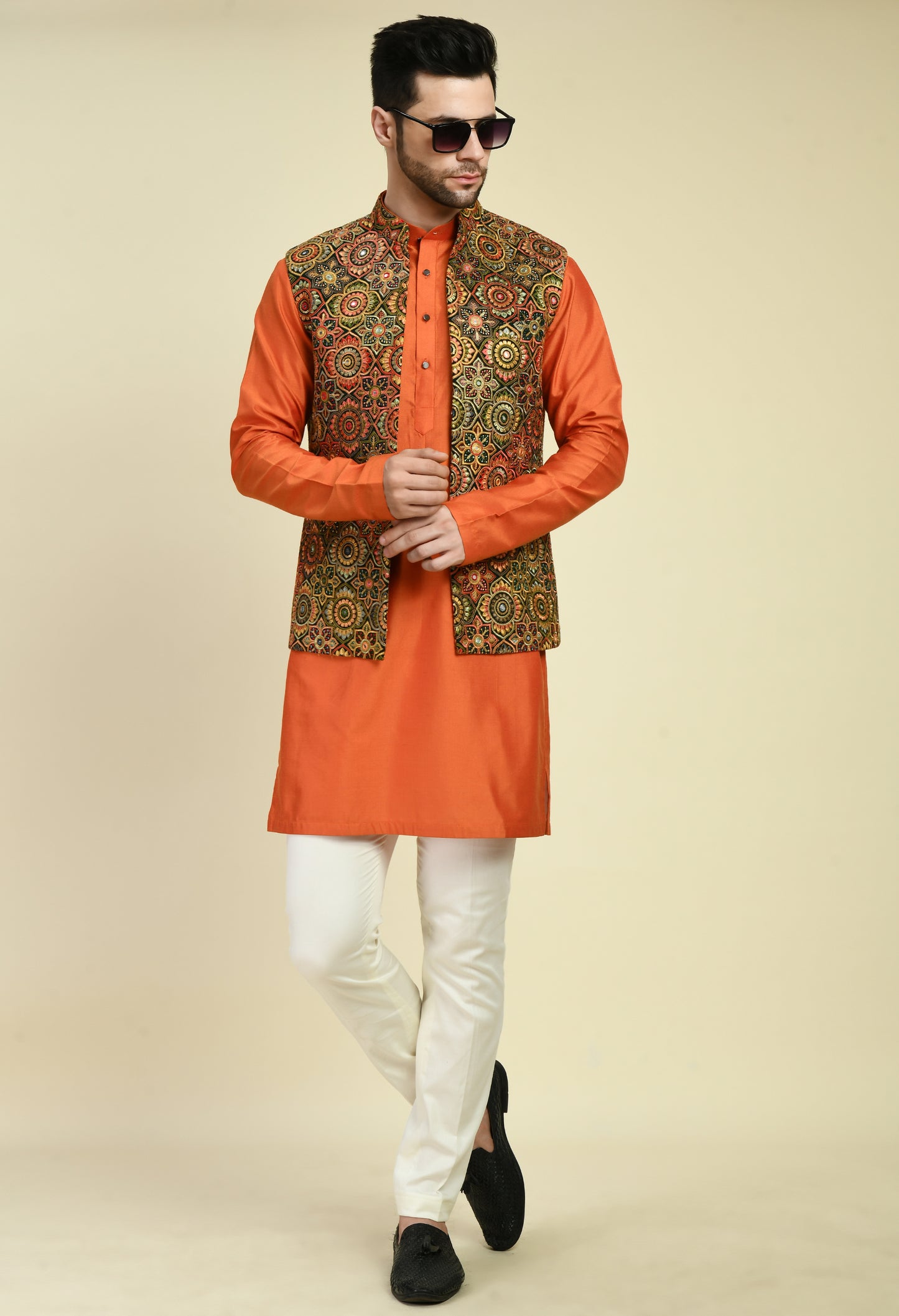 Men’s Nehru Jacket – Silk Georgette in Orange with Silk Thread Embroidery | One Man Show