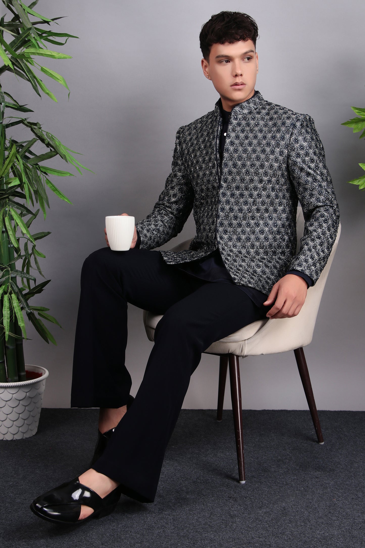 Men’s Indo-Western – Silk Embroidered Fabric in Blue with Floral Hand Embroidery | One Man Show