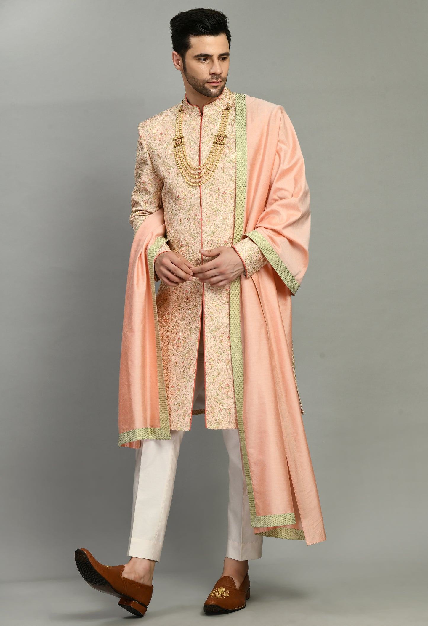 Men’s Sherwani – Silk in Peach with Detailed Hand Embroidery | One Man Show