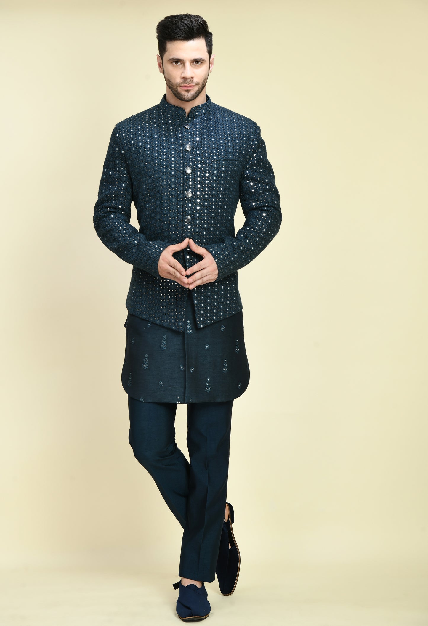 Men’s Nehru Jacket – Silk Georgette in Teal Blue with Silk Thread and Mirrorwork Embroidery | One Man Show