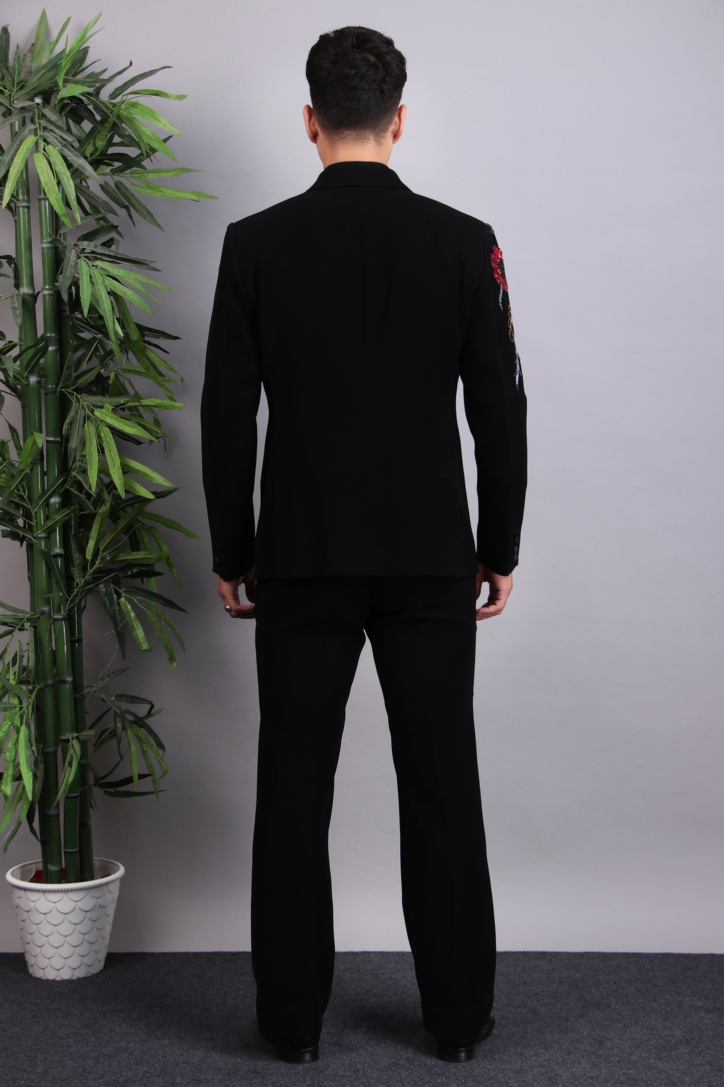 Men’s Tuxedo – Japanese Lycra in Black with Pintex & Beads Embroidery | One Man Show