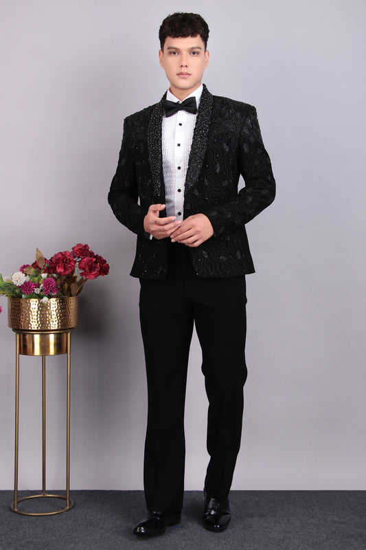 Men’s Tuxedo – Japanese Lycra in Black with Embroidery and Leather Applique | One Man Show