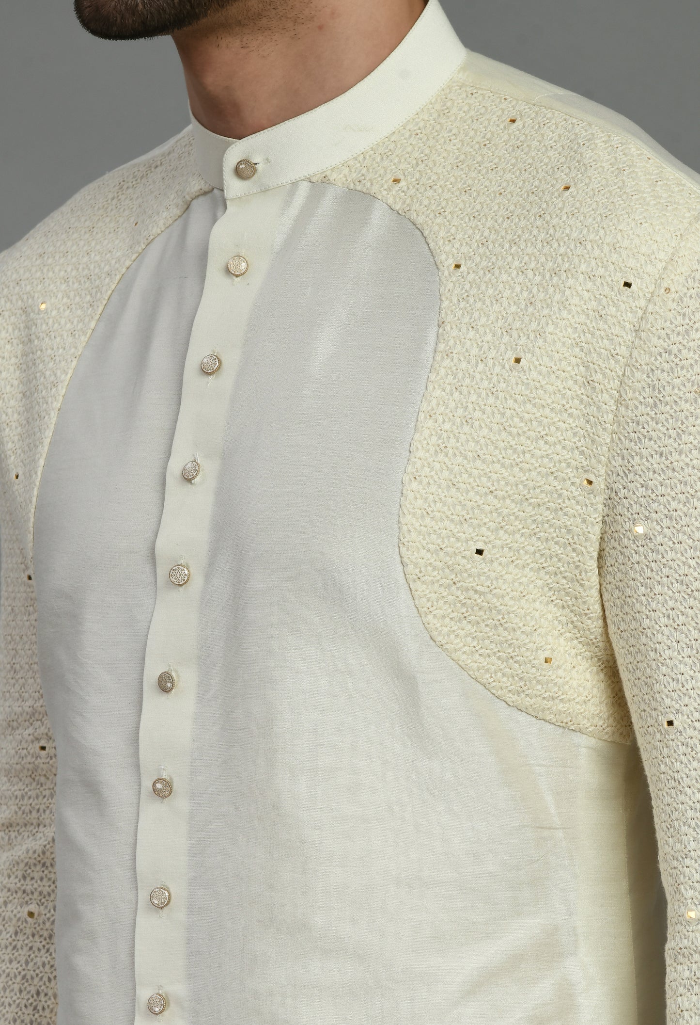 Detail view 3 - Men’s Nehru Jacket – Silk Georgette in Cream with Thread and Sequins Embroidery
