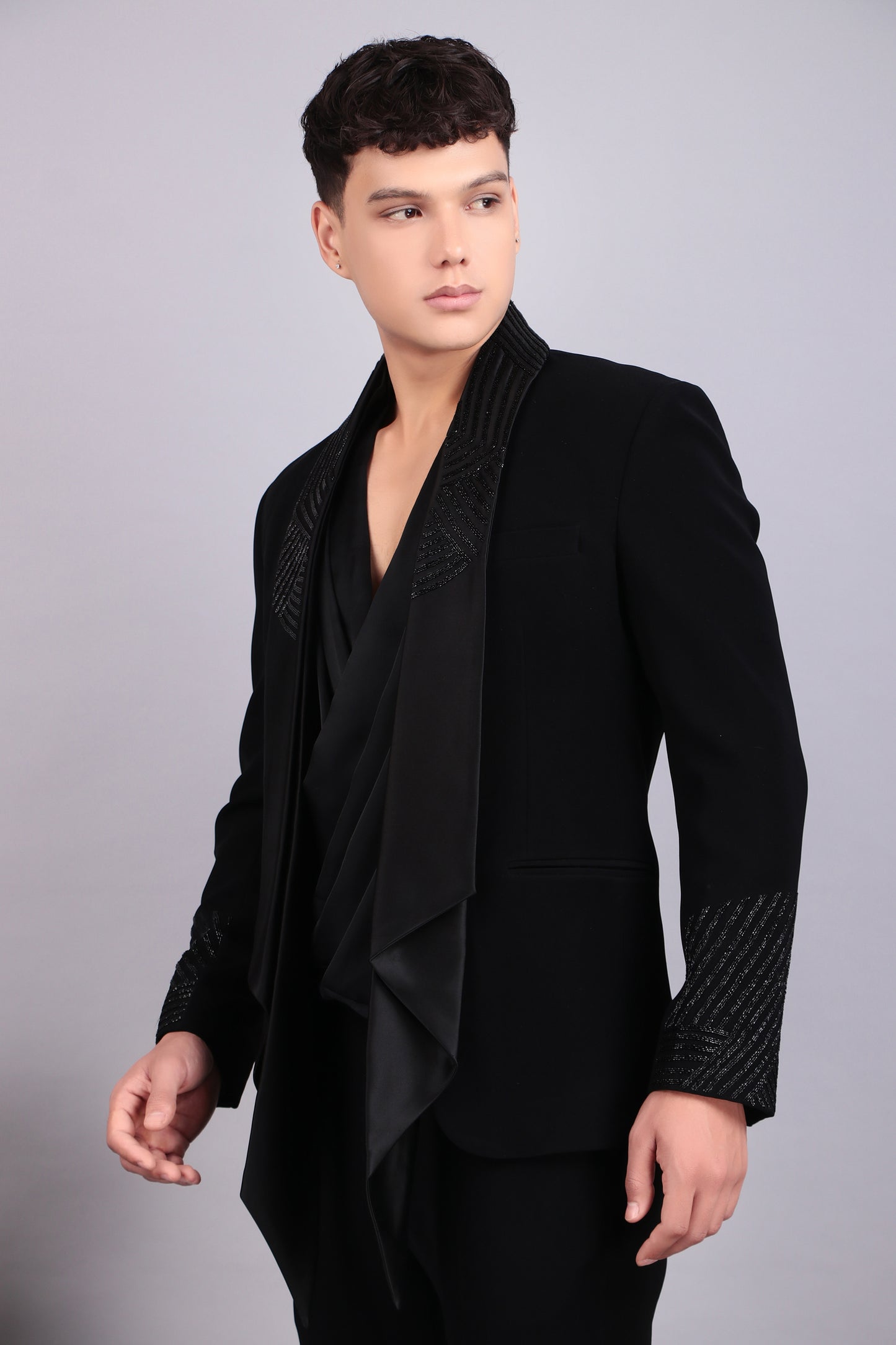 Men’s Tuxedo – Japanese Lycra in Black with Layered Lapel Style | One Man Show