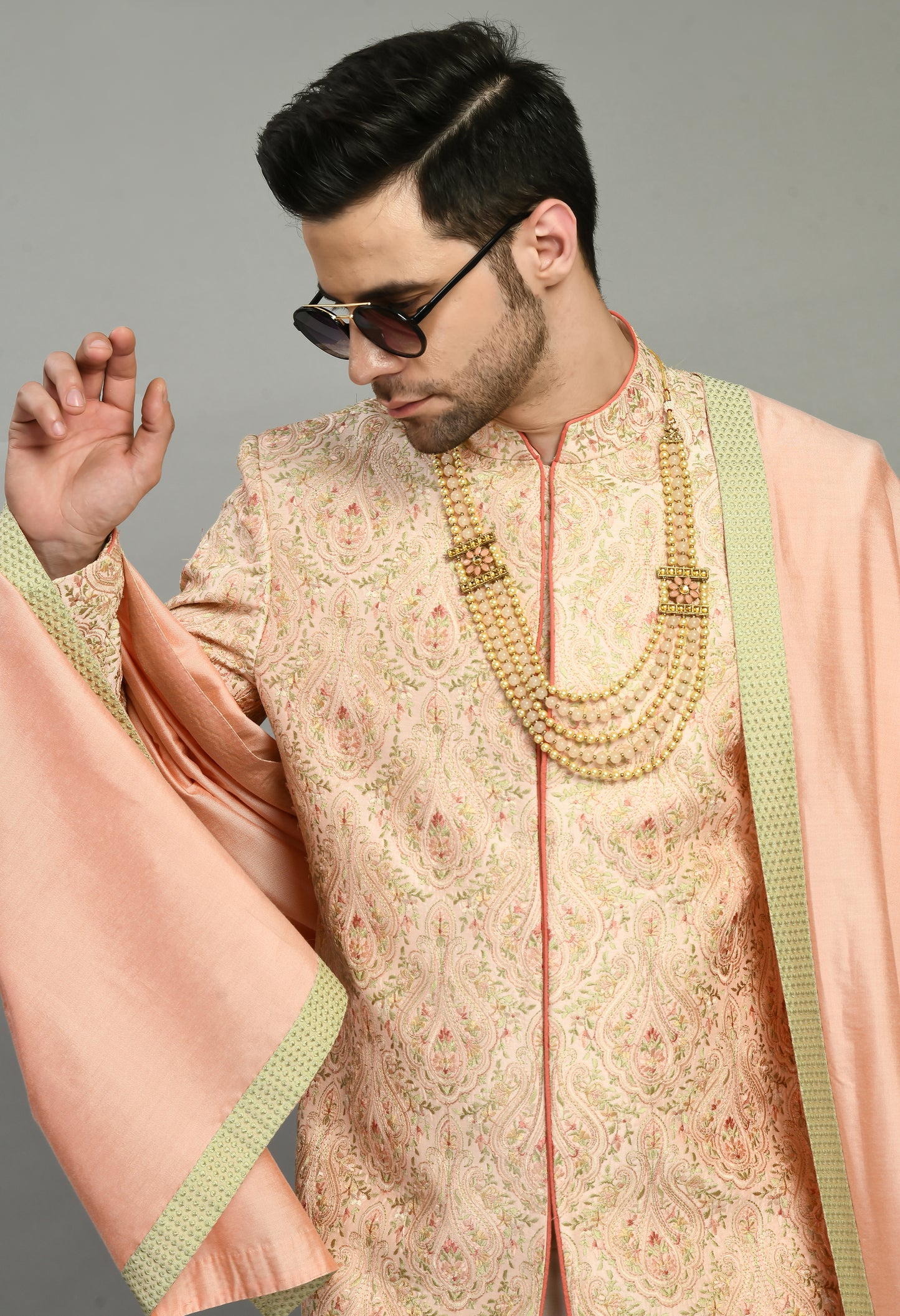 Men’s Sherwani – Silk in Peach with Detailed Hand Embroidery | One Man Show