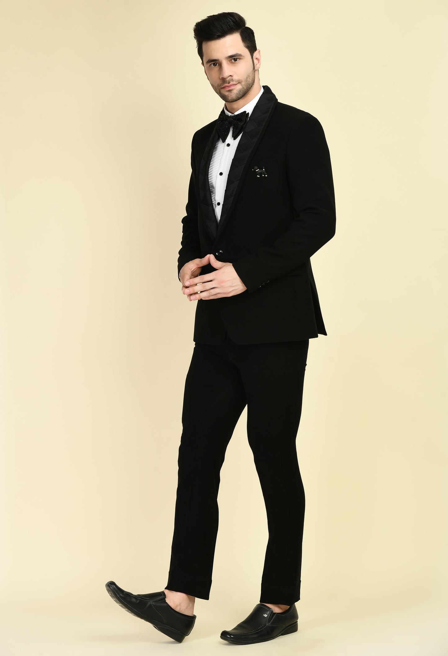 Men’s Tuxedo – Japanese Lycra in Black with Woven Satin Strips Design | One Man Show