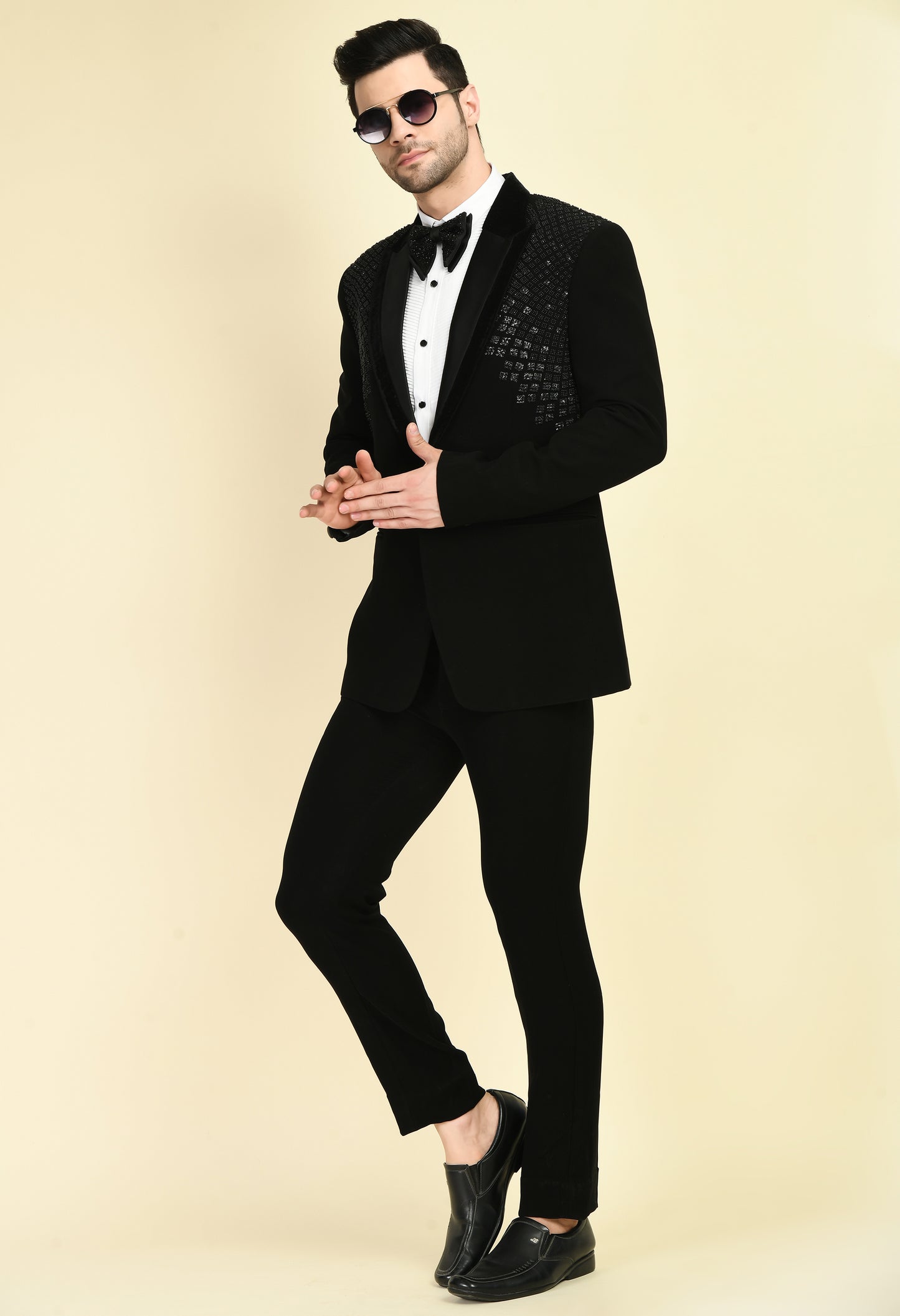 Men’s Tuxedo – Japanese Lycra in Black with Geometric Beads, Stone and Sequins Embroidery | One Man Show