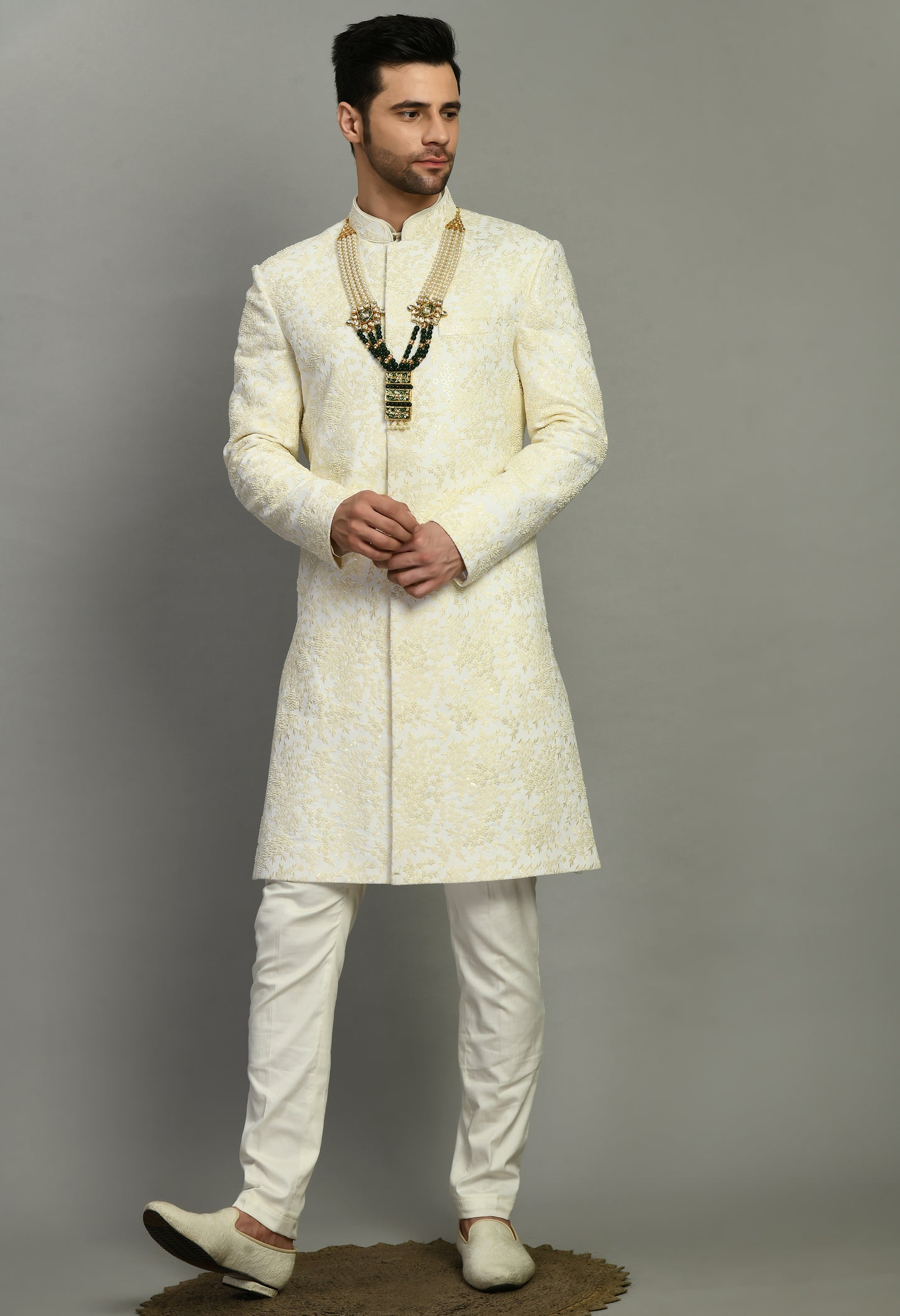 Men’s Sherwani – Silk in Cream with Detailed Hand Embroidery | One Man Show