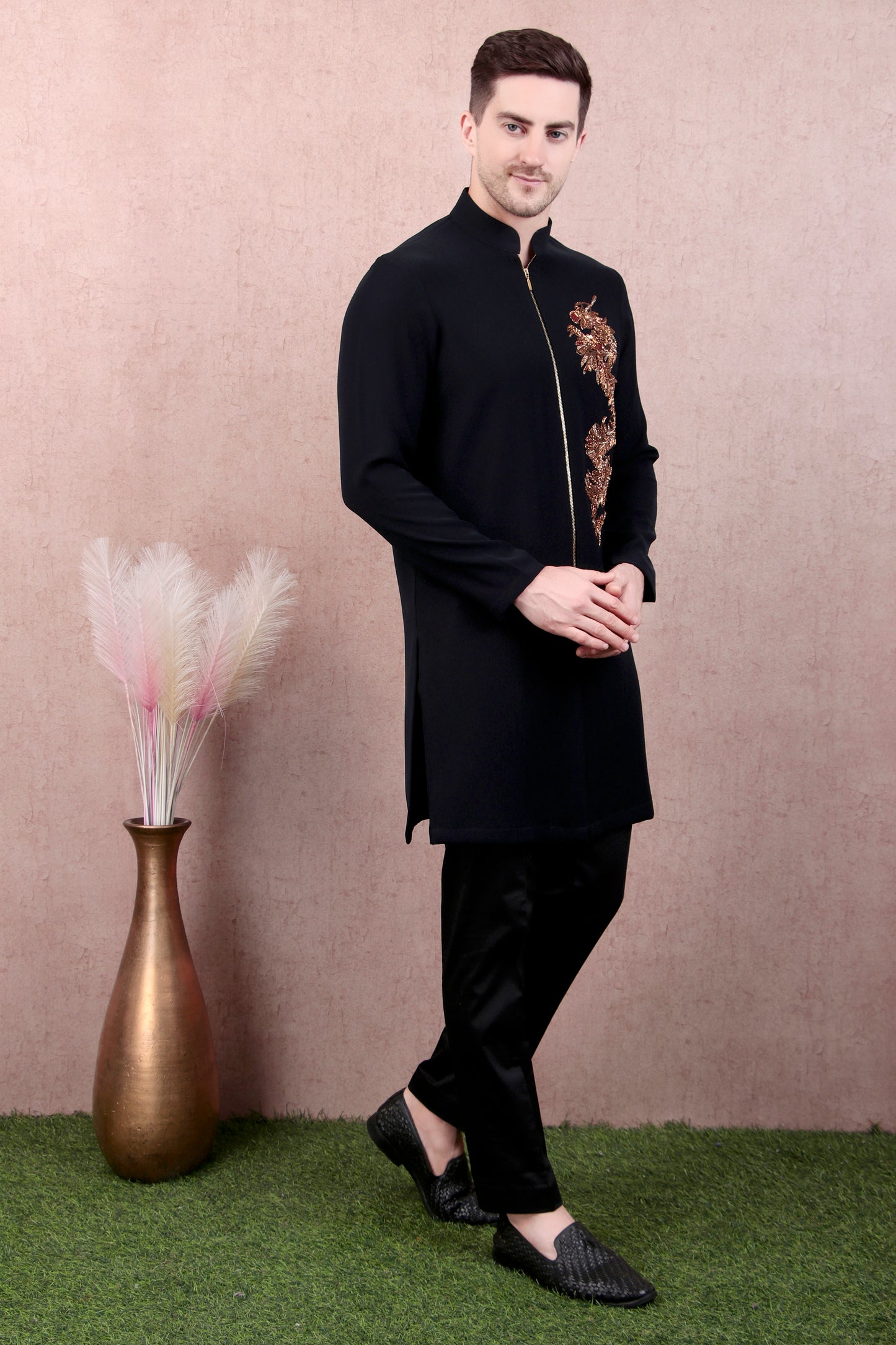Men’s Kurta Set – Japanese Lycra Zip Front in Black with Zari Motif | One Man Show