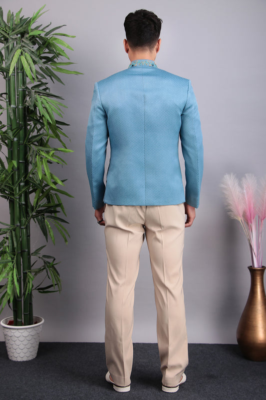 Side view - Men’s Bandhgala – Poly Jaquard in Blue with Hand Embroidery