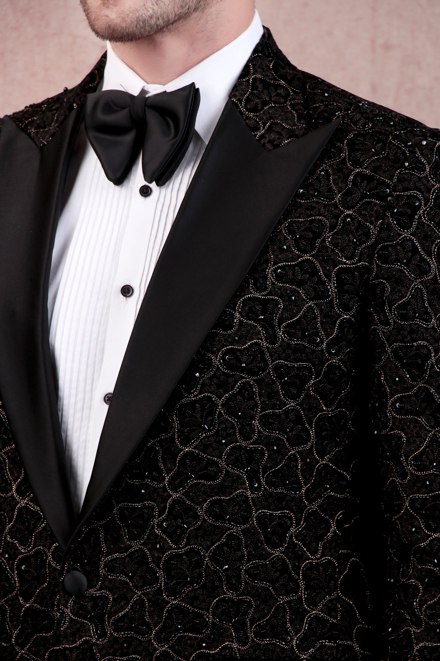 Men’s Tuxedo – Japanese Lycra in Black with Abstract Zari Embroidery | One Man Show