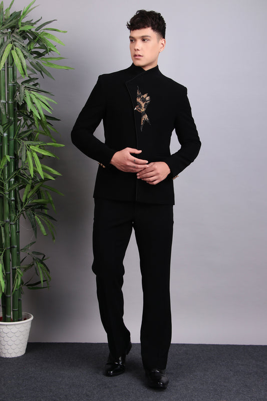 Men’s Bandhgala – Japanese Lycra in Black with Assymetric Front Cut and Bird Motif Embroidery | One Man Show