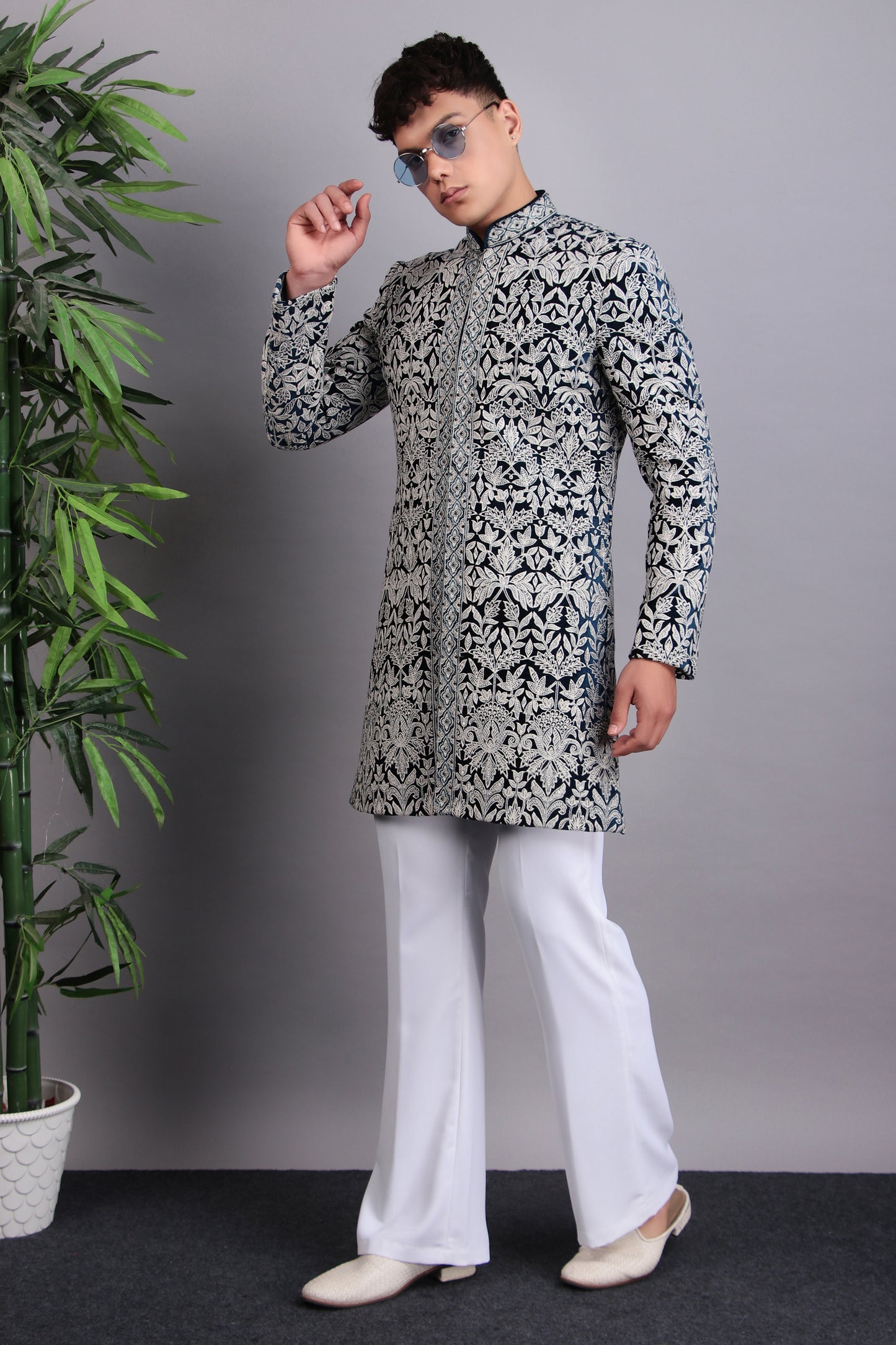 Men’s Indo-Western – Velvet Embroidered Fabric in Blue with Directional Embroidery | One Man Show