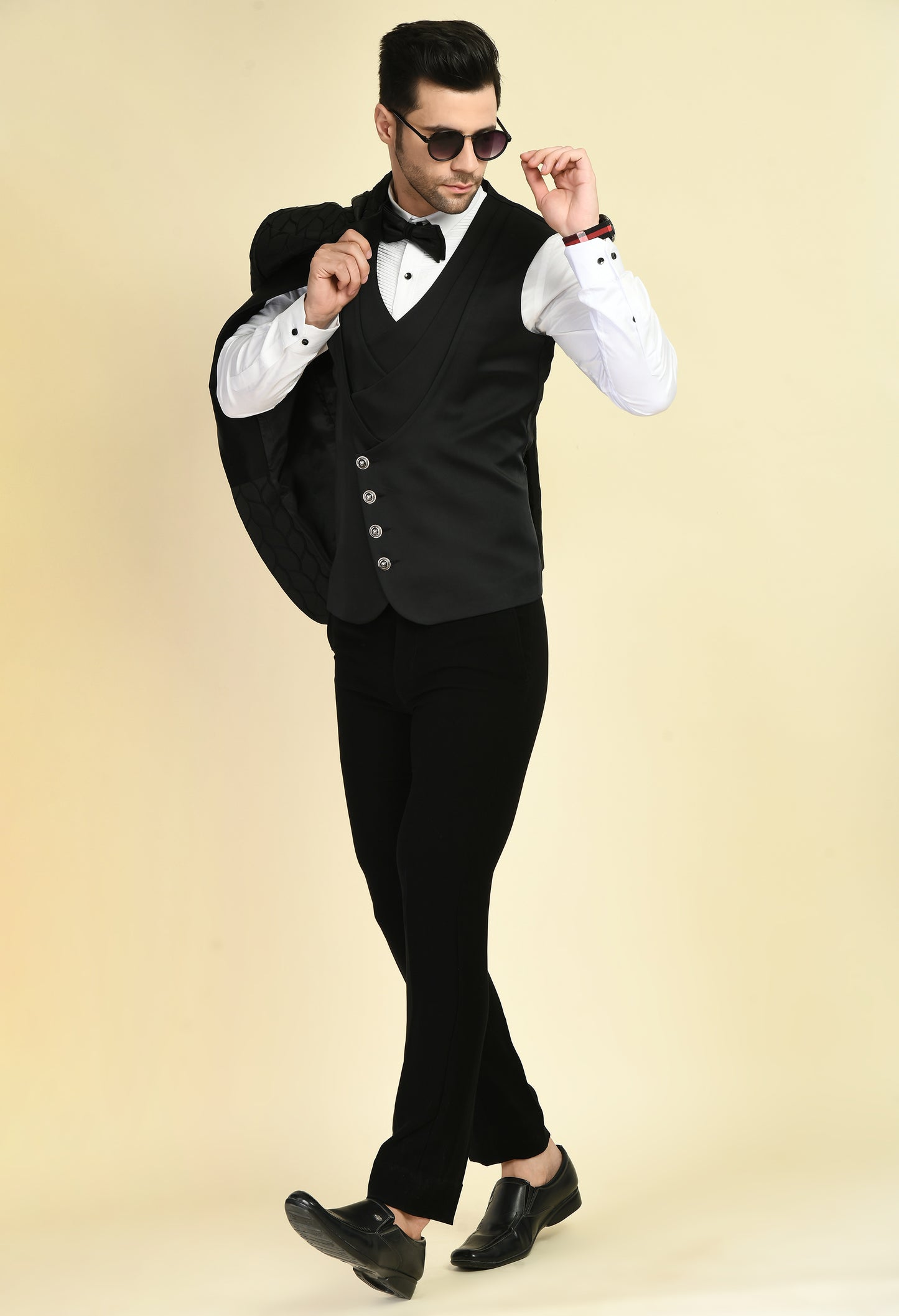 Men’s Tuxedo – Japanese Lycra in Black with Floral Jaquard Tuxedo Top | One Man Show