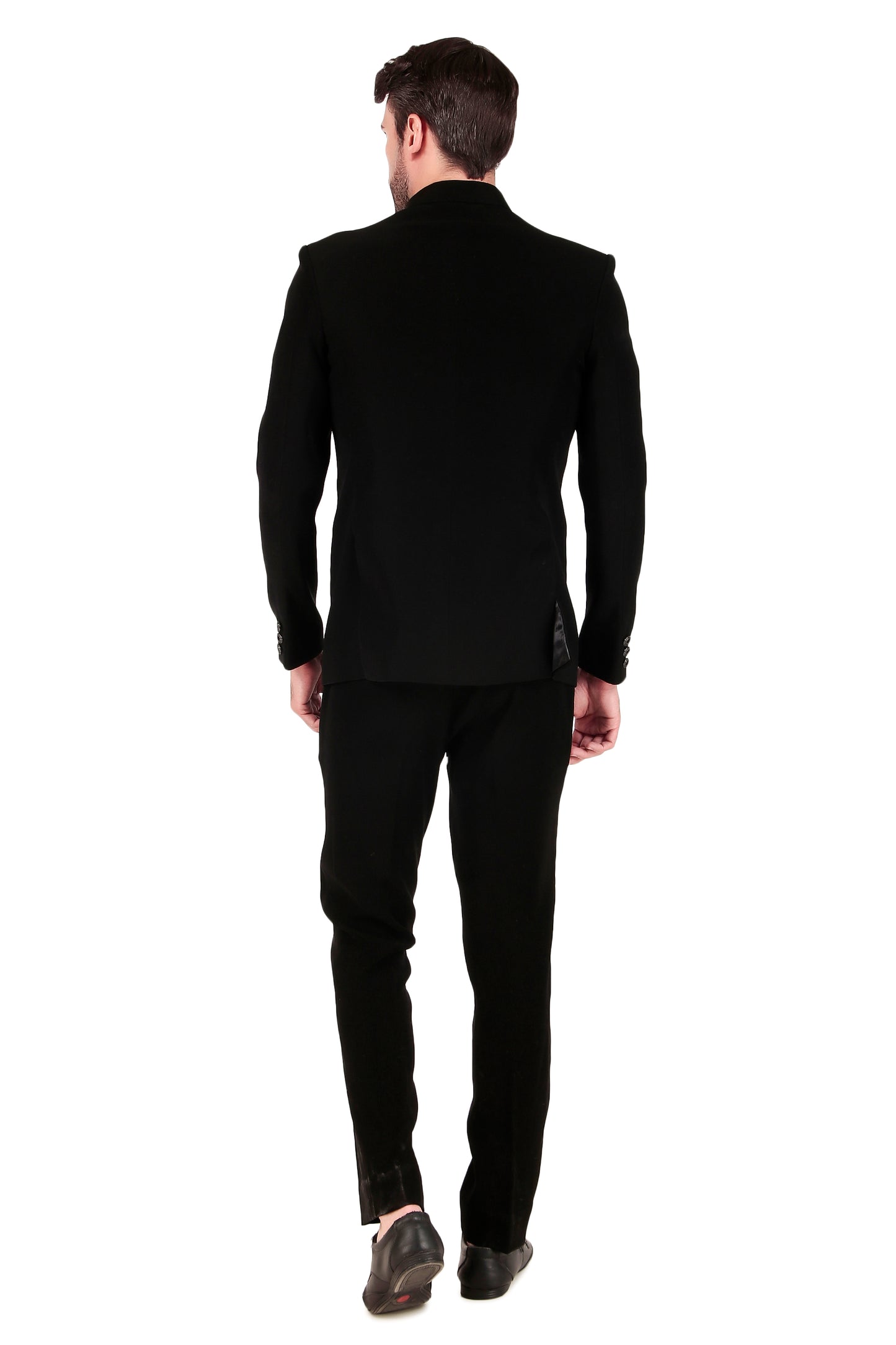 Men’s Bandhgala – Japanese Lycra in Black with Shoulder Placement Embroidery | One Man Show