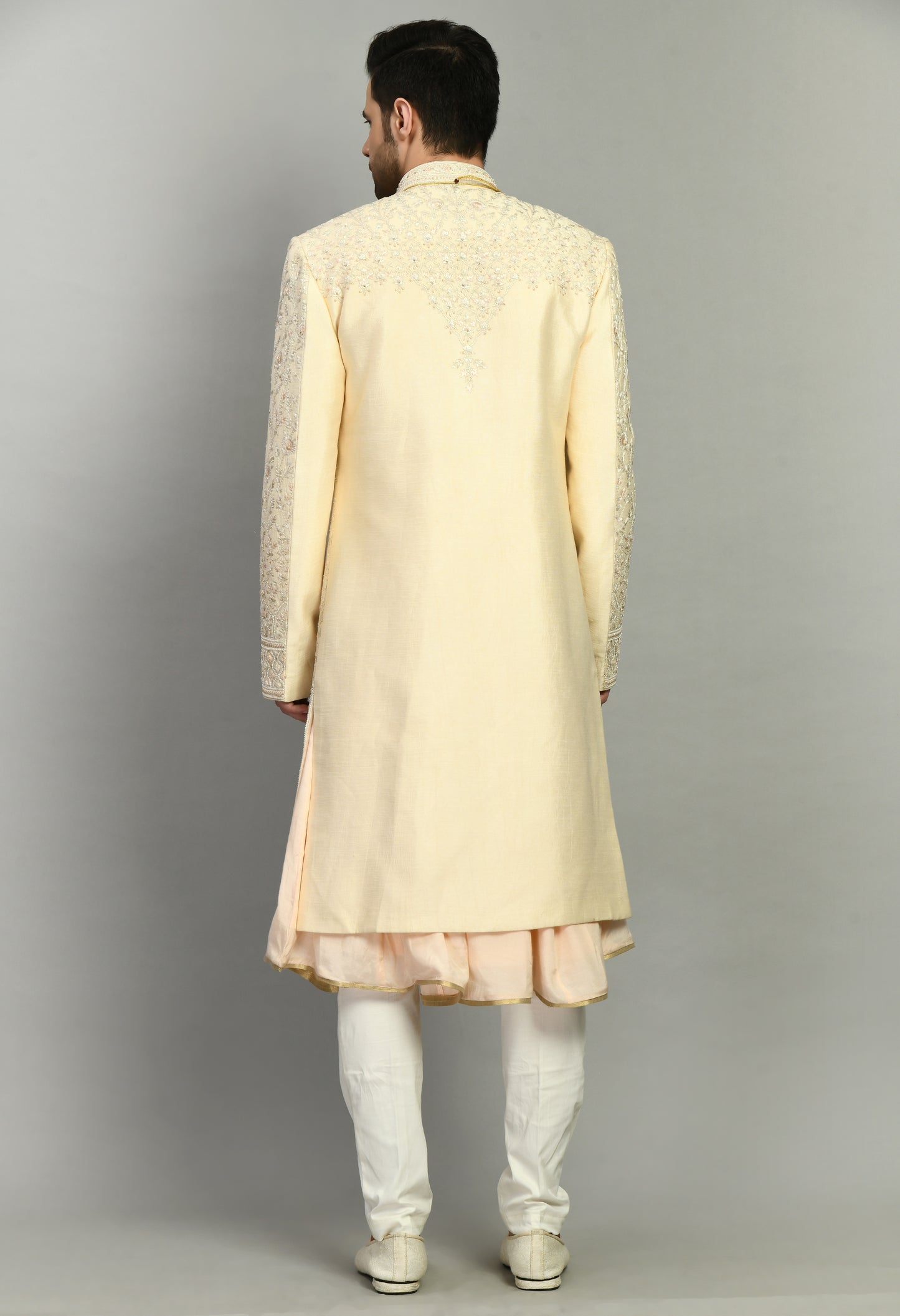 Men’s Sherwani – Silk in Cream with Detailed Hand Embroidery | One Man Show