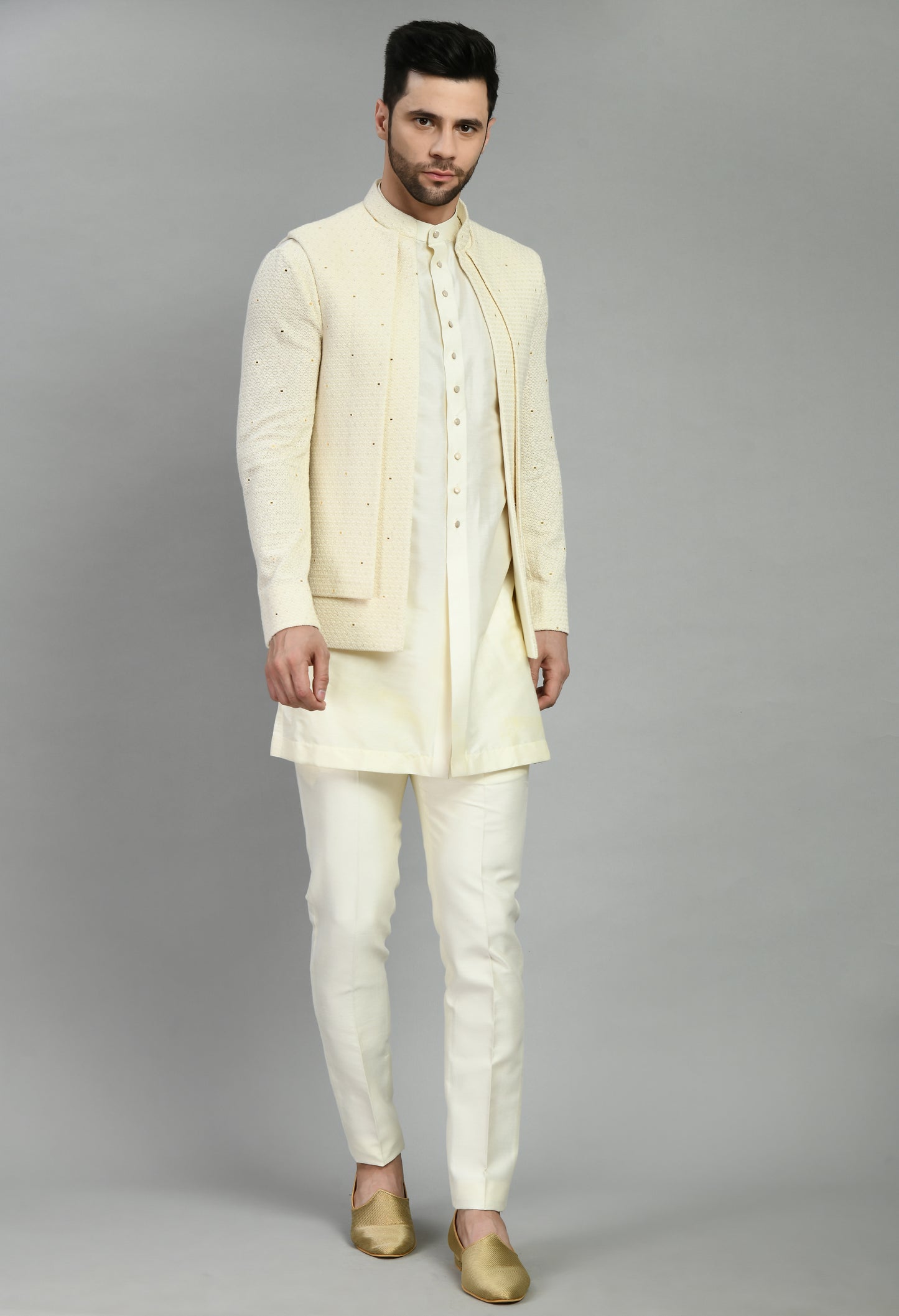 Men’s Nehru Jacket – Silk Georgette in Cream with Thread and Sequins Embroidery | One Man Show