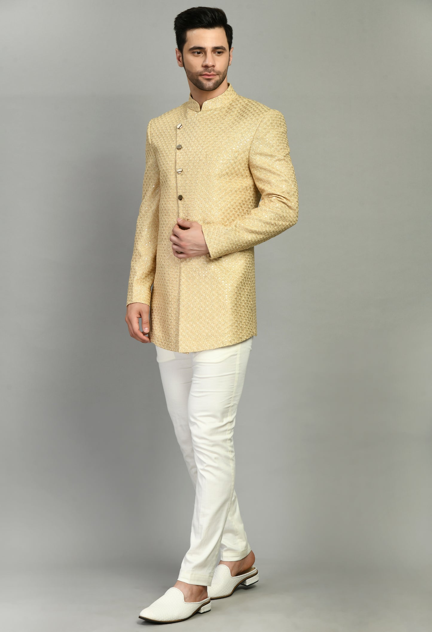 Men’s Indo-Western – Silk Georgette in Beige with Zari Embroidery | One Man Show