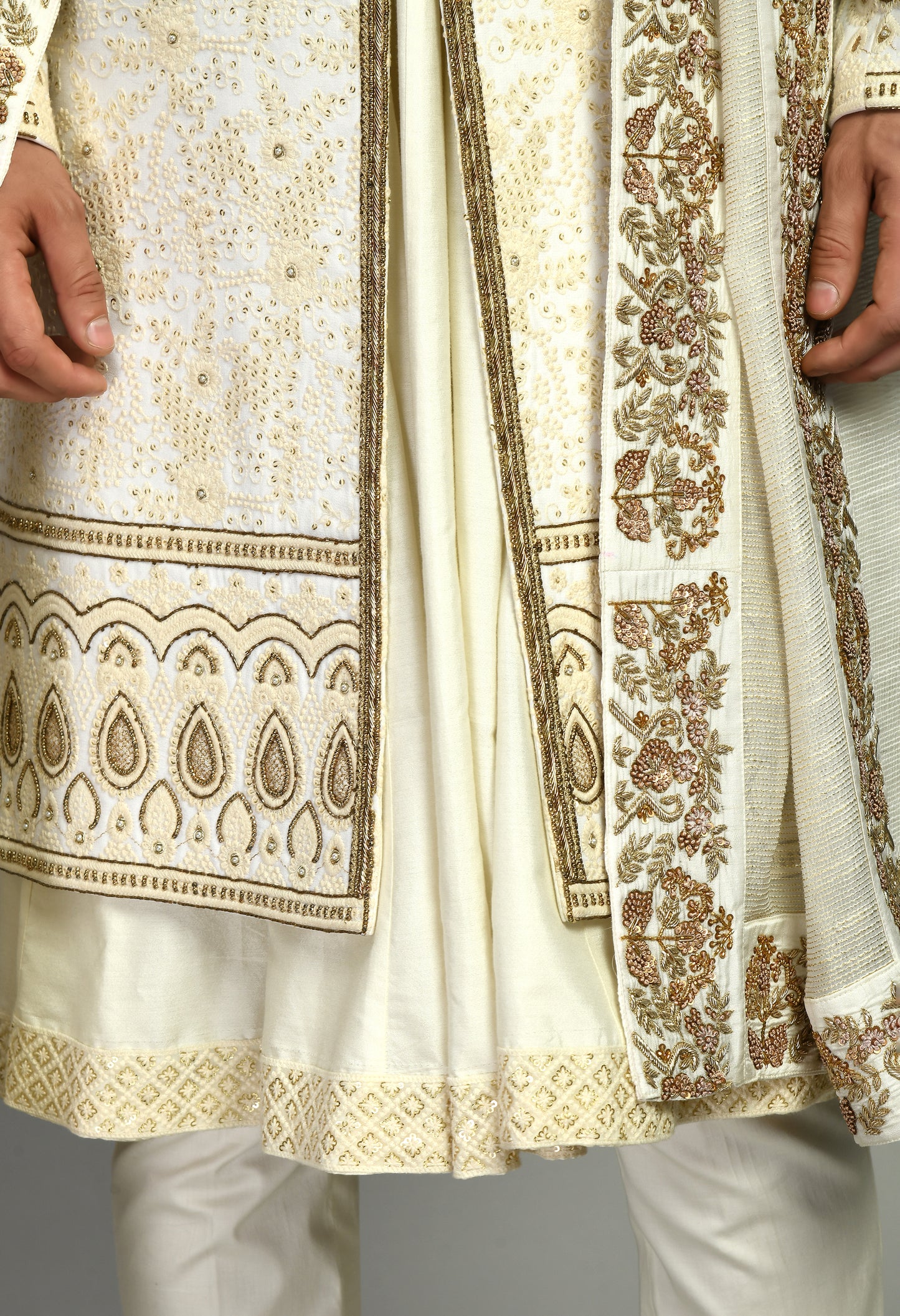 Men’s Sherwani – Silk in Ivory with Detailed Hand Embroidery Allover | One Man Show