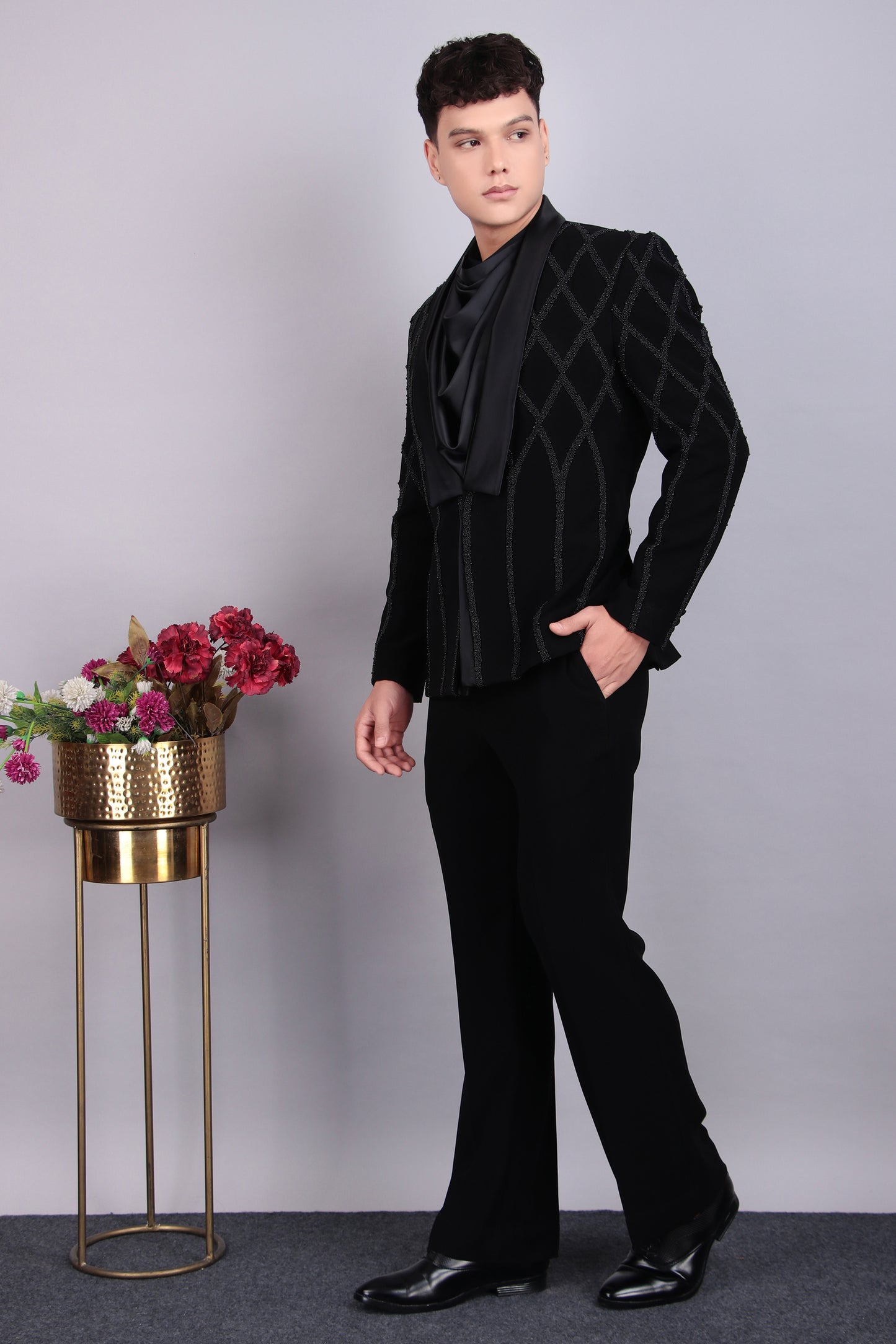 Men’s Tuxedo – Japanese Lycra in Black with Beads Embroidery | One Man Show