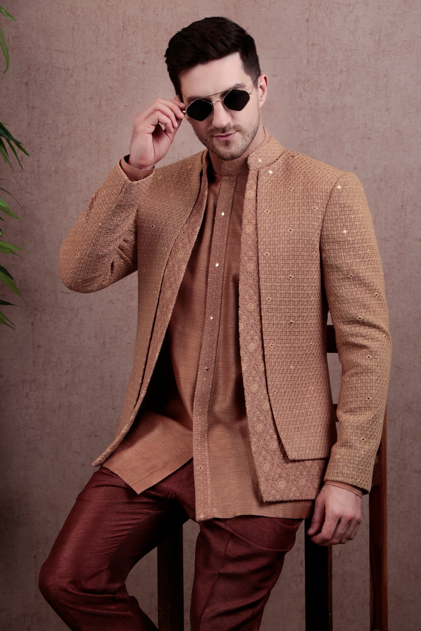 Men’s Jodhpuri Kurta Set – Silk in Light Brown with Silk Thread Embroidery & Layered Open Front | One Man Show