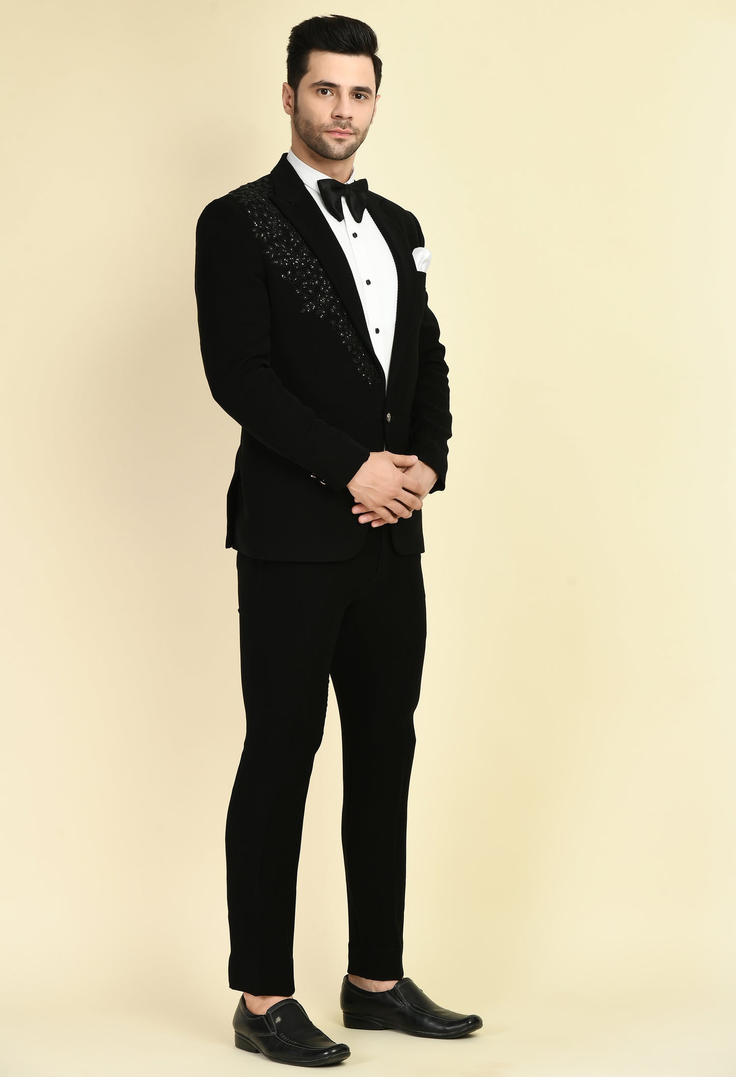 Men’s Tuxedo – Japanese Lycra in Black with Beads and Stone Work | One Man Show