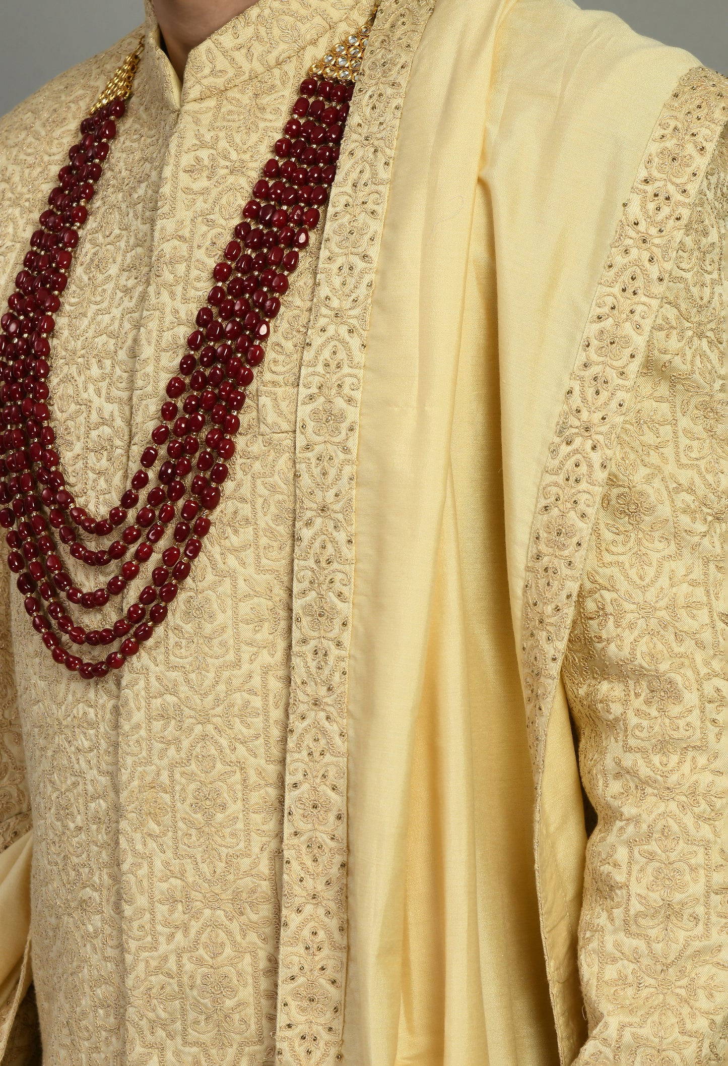 Men’s Sherwani – Silk in Beige with Detailed Hand Embroidery Allover | One Man Show
