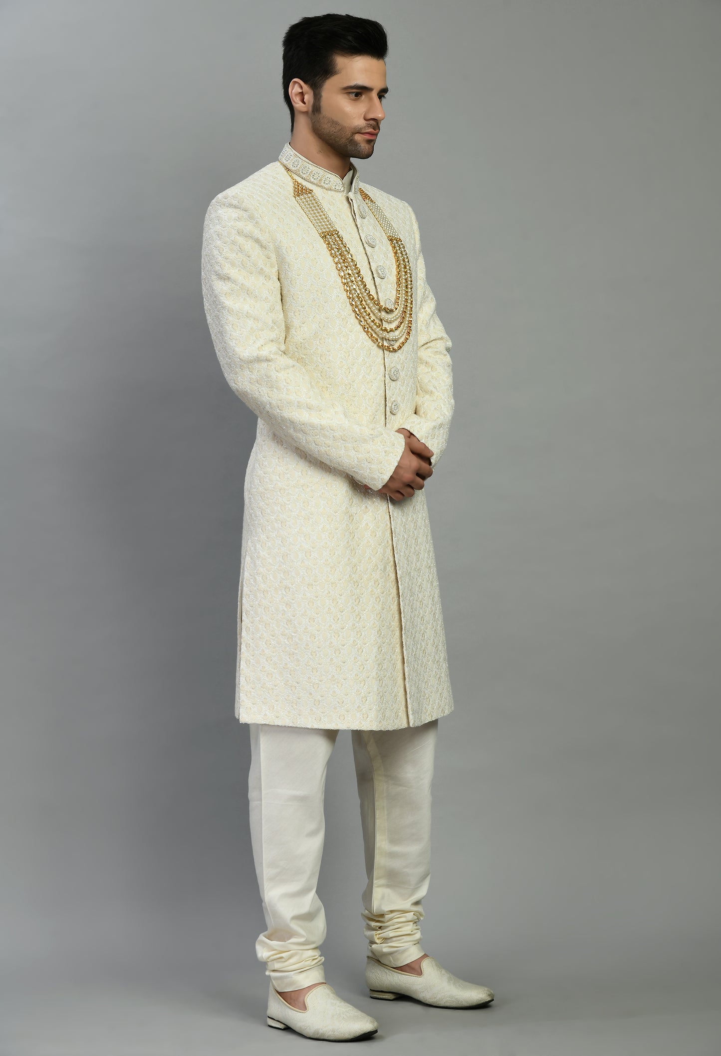 Men’s Sherwani – Silk in Ivory with Detailed Hand Embroidery Allover | One Man Show