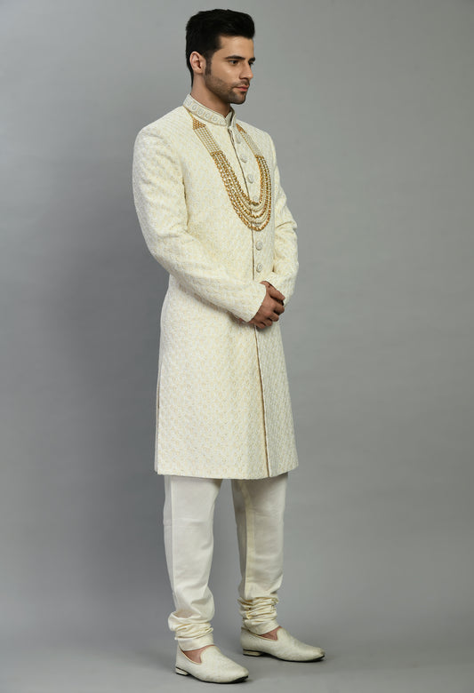 Men’s Sherwani – Silk in Ivory with Detailed Hand Embroidery Allover | One Man Show