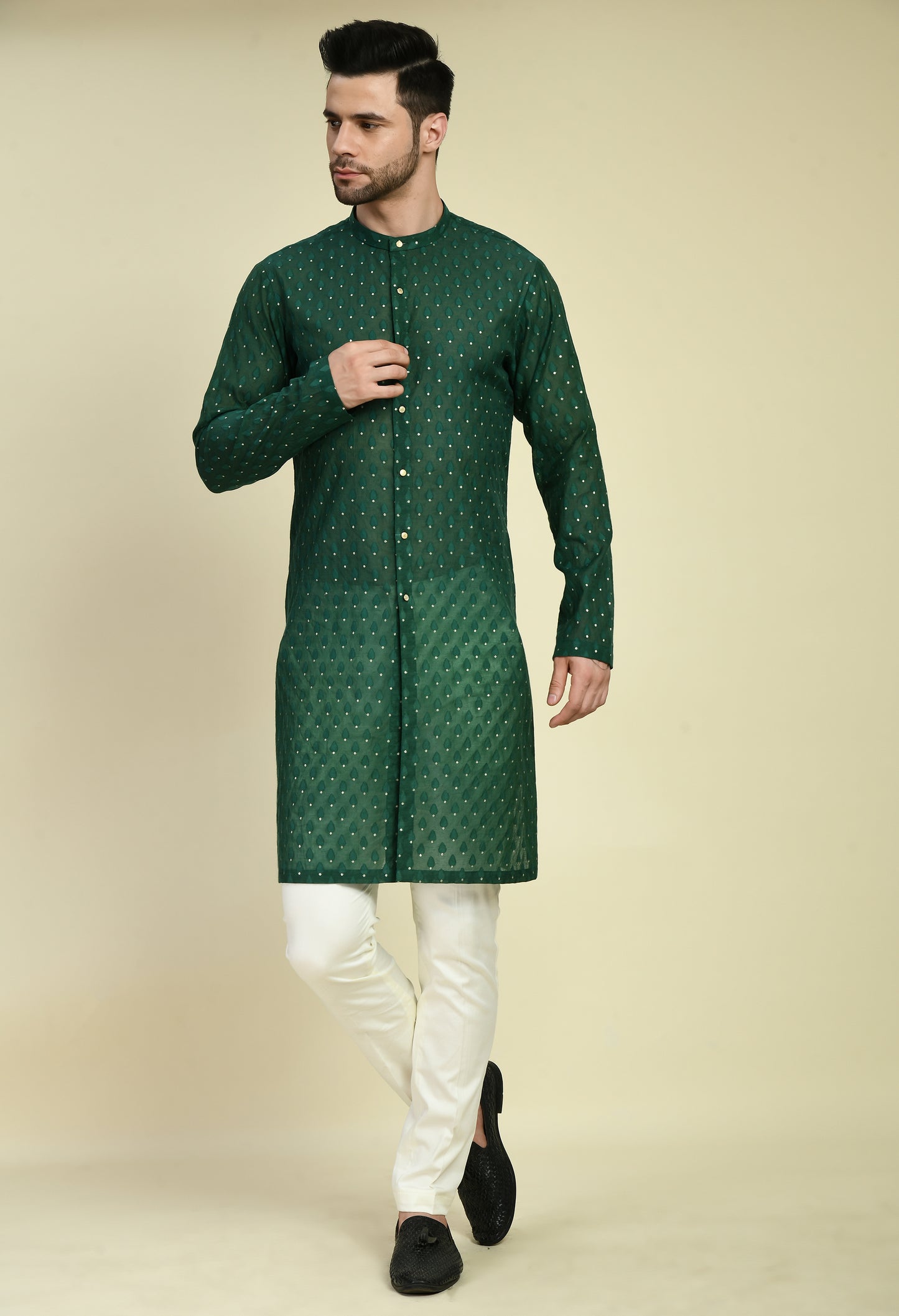 Men’s Nehru Jacket – Silk Georgette in Green with Dori Thread Embroidery | One Man Show