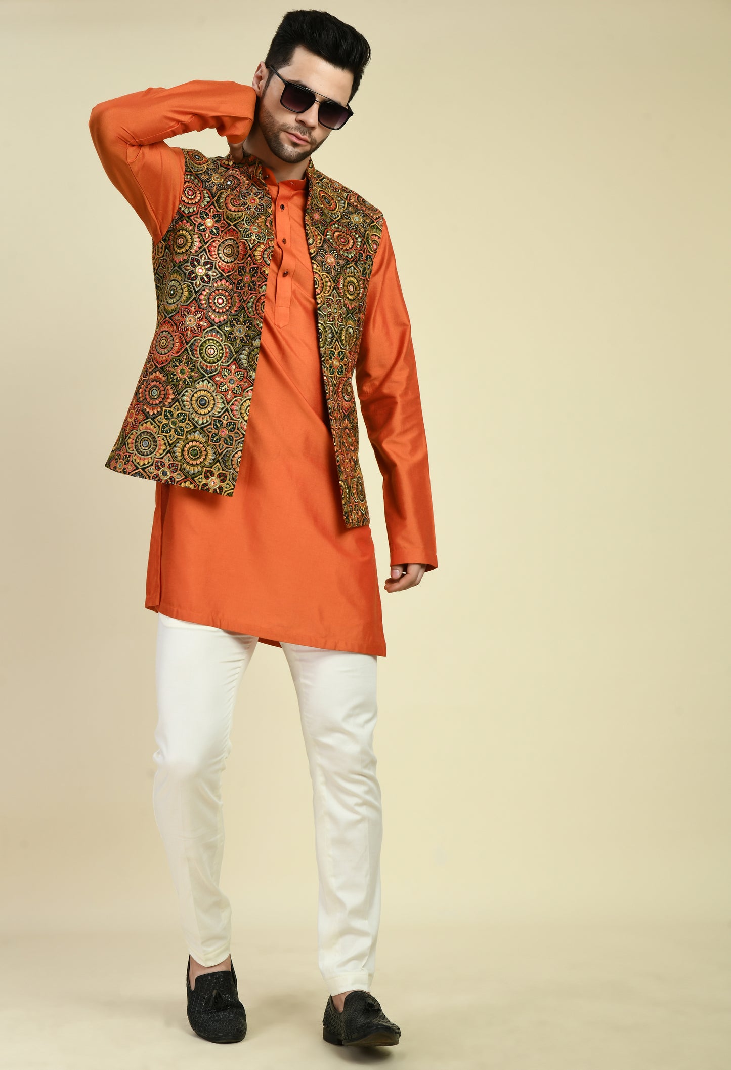 Men’s Nehru Jacket – Silk Georgette in Orange with Silk Thread Embroidery | One Man Show