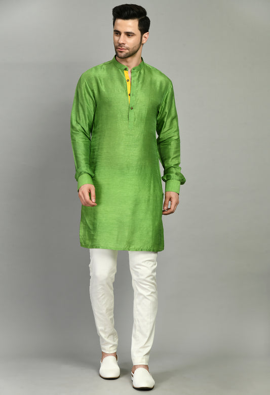 Men’s Nehru Jacket – Silk Jaquard in Green with Front Open Design | One Man Show