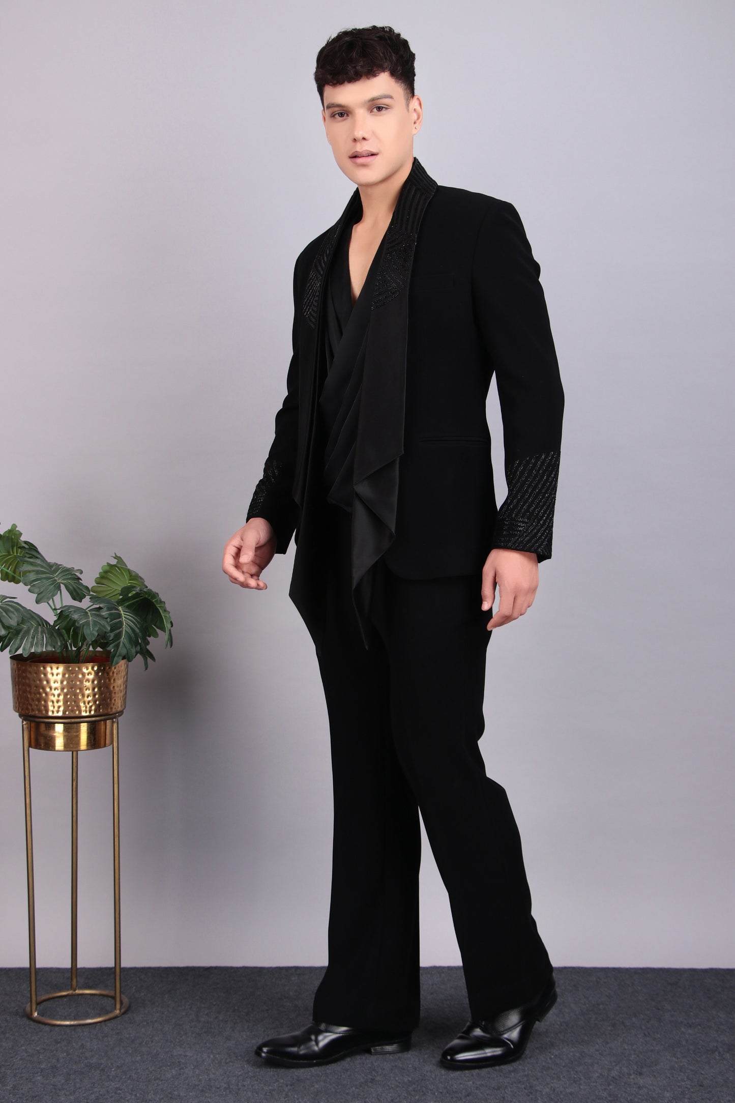 Men’s Tuxedo – Japanese Lycra in Black with Layered Lapel Style | One Man Show