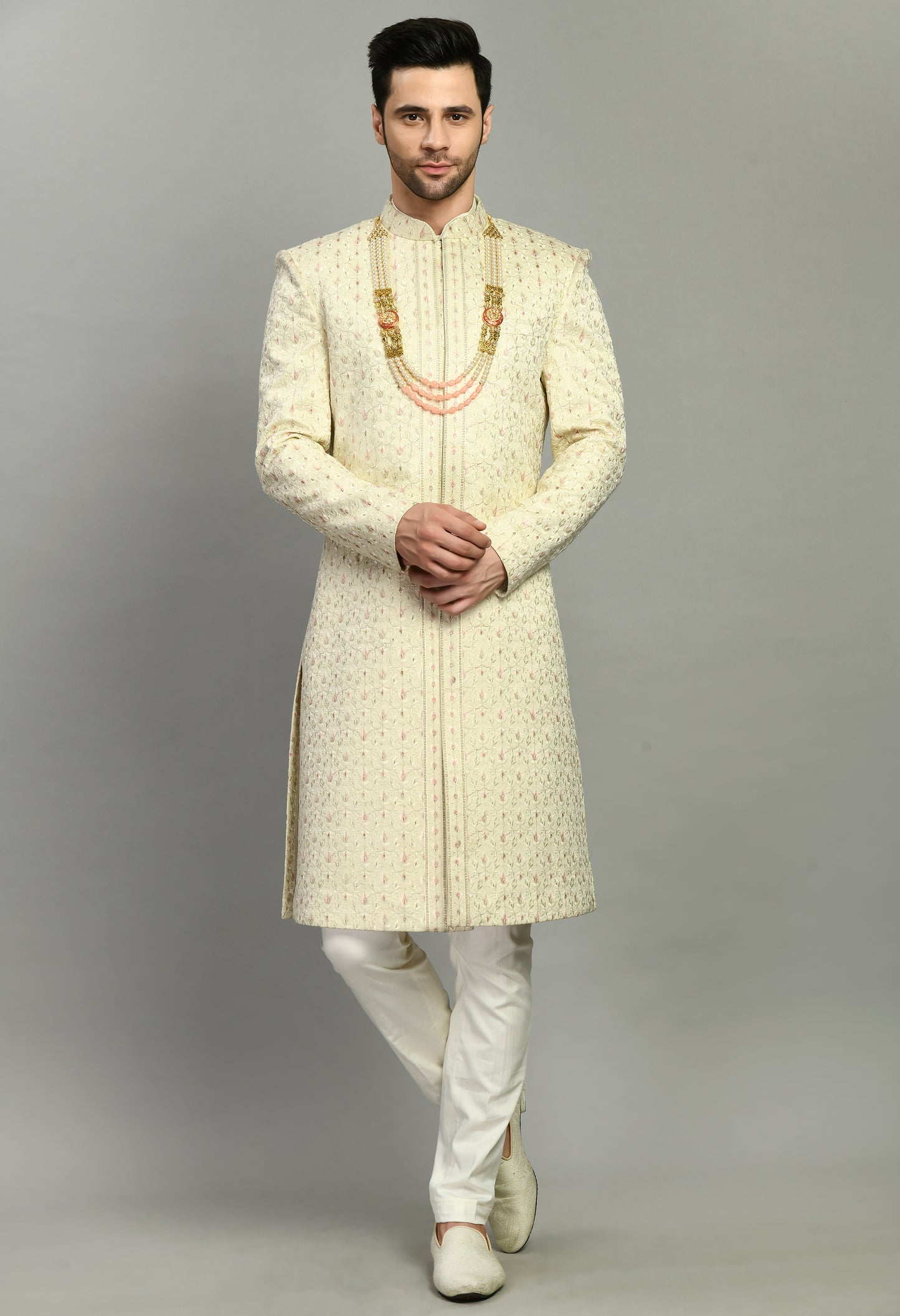 Men’s Sherwani – Silk in Cream with Detailed Hand Embroidery Allover | One Man Show